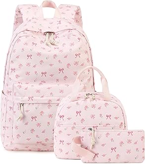 Teen Girls School Backpack Kids Bookbag Set with Lunch Box Pencil Case Travel Laptop Backpack Casual Daypacks (Pink bow tie)