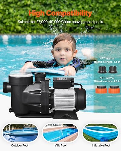 Miniatura 4 de VEVOR Bomba de piscina sobre el suelo, 3 HP, 149 GPM Max Flow Bomba de piscina de una sola velocidad, 220 V, 3450 RPM, elevación máxima de cabeza de