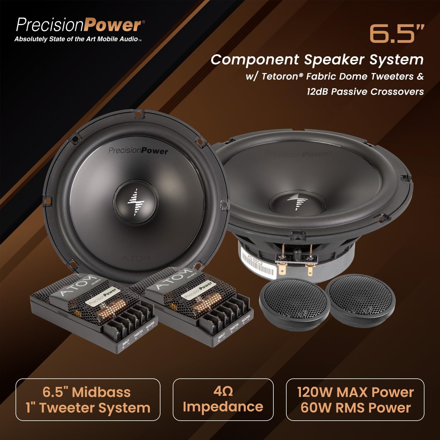 Precision Power Atom AS.65C2 | 6.5” High Fidelity Component Speaker System, 120W Max 4-Ohm Car Speakers with 1” Tetoron® Fabric Dome Tweeters, Crisp and Clear 65Hz–20kHz at 89.6dB