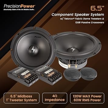 Precision Power Atom AS.65C2 | 6.5 High Fidelity Component Speaker System, 120W Max 4-Ohm Car Speakers with 1 Tetoron Fabric Dome Tweeters, Crisp and Clear 65Hz20kHz at 89.6dB