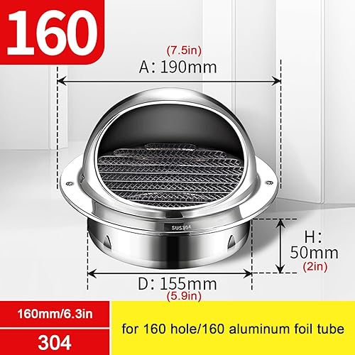 Miniatura 10 de Tapa redonda de acero inoxidable 304 para ventilación de aire, campana extractora, tapa de lluvia para chimenea, tapa de ventilación de conductos de