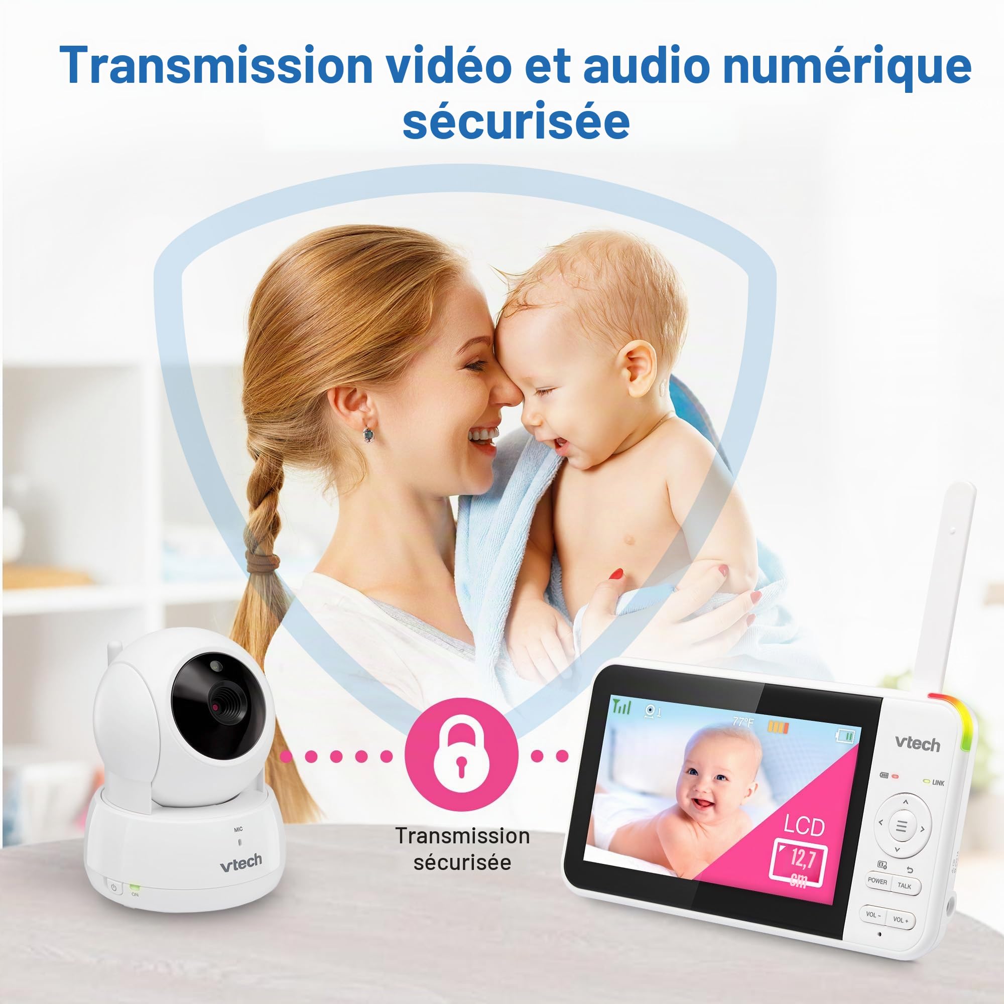 VTech VM924-2 Moniteur vidéo avec télécommande Pan-Tilt-Zoom 2 Cam, écran LCD de 12,7 cm, jusqu'à 17 heures de transmission vidéo, vision nocturne, portée jusqu'à 300 m, sons apaisants