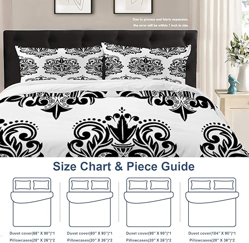 Miniatura 4 de Batmerry Juego de funda de edredón de 3 piezas con estampado floral blanco y negro, suave, esponjoso, vintage, damasco, hermoso patrón barroco,