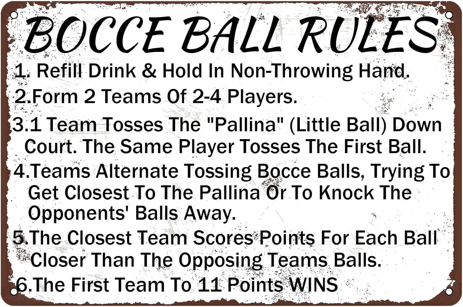 SMAZDFXX Bocce Ball Rules Vintage Metal Signs for Outdoor, Scoring Rules Poster Wall Decor Bocce Ball Crossing Tin Painting for Bar Pub Kitchen Home Garage Man Cave Decor 8"x12"