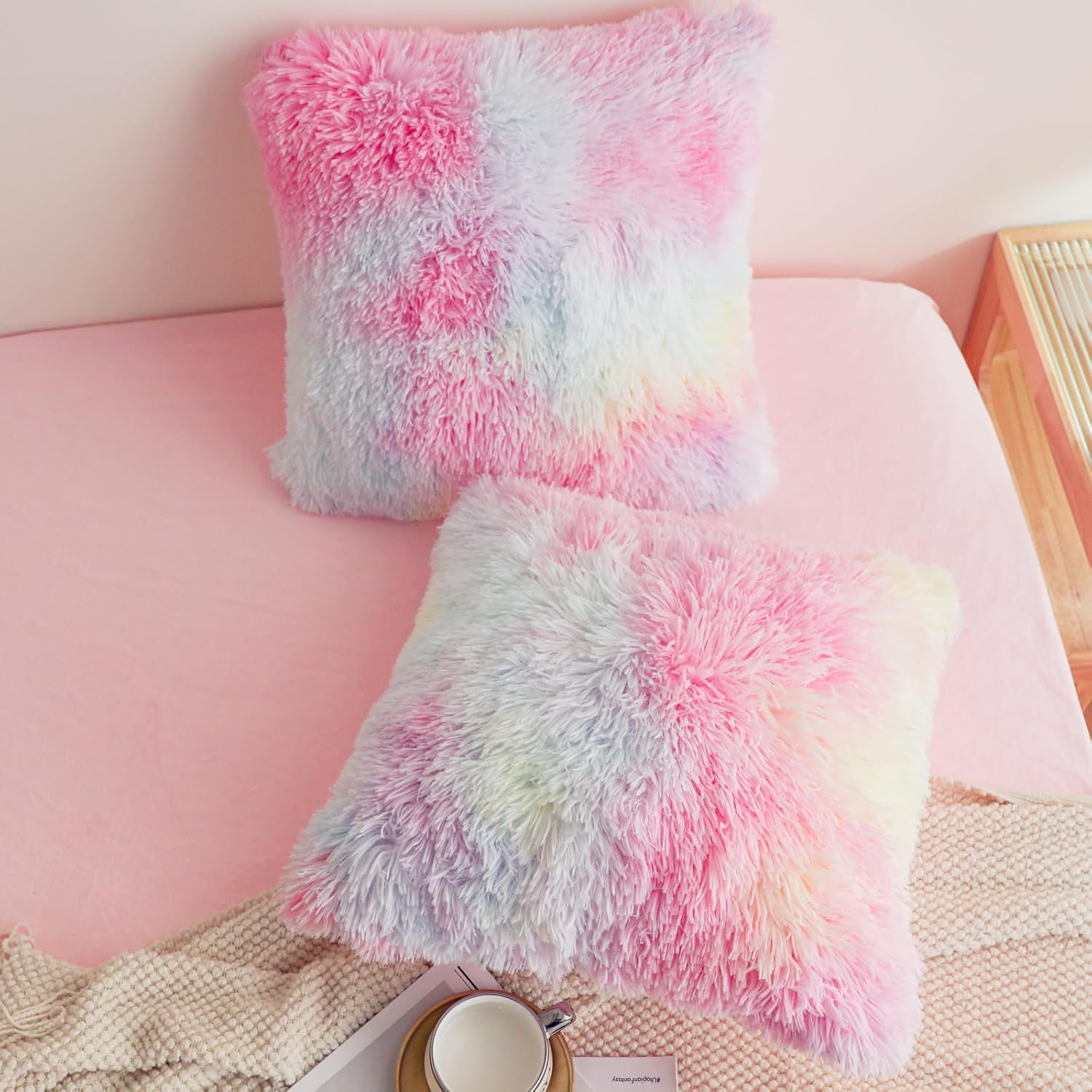 Faux Fur Tie Dye Pink Throw Pillow Covers, Fluffy Soft Fuzzy Decorative Pillow Cases Cute Pillowcases for Home Bedroom Living Room, Zipper Closure, Set of 2 (Tie Dye Pink, 18"x 18") - Image 3