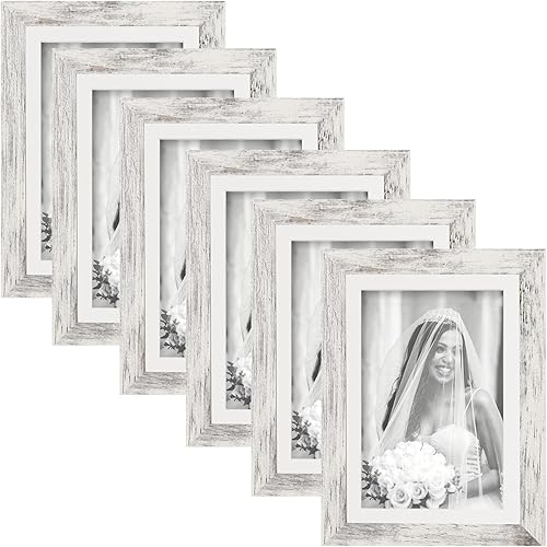 Vista 30 de Juego de 6 marcos de fotos de 6x6, marcos de fotos de grano de madera rústica para montaje en pared de galería o exhibición de mesa Madera