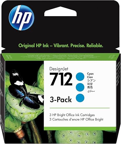 HP 712 Cyan - Paquete de 3 cartuchos de tinta originales (3ED77A) para impresoras DesignJet T650, T630, T230, T210 y Studio Plotter