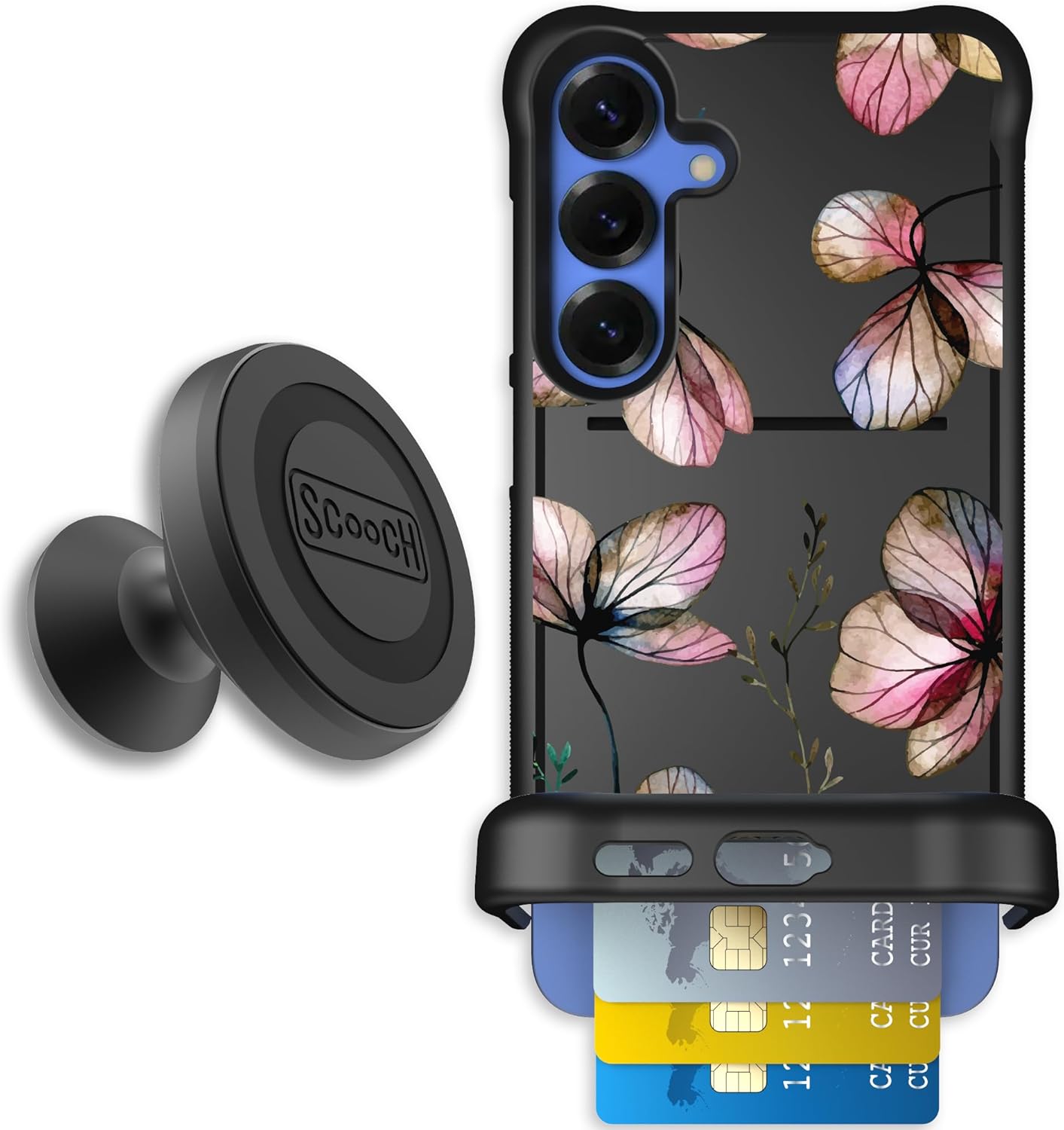 Scooch for Samsung Galaxy S25 Plus Case with Card Holder, Wingmate Wallet Case with Hidden Card Slot and RFID Protection, Starter Bundle with Wingmount, Dried Flowers
