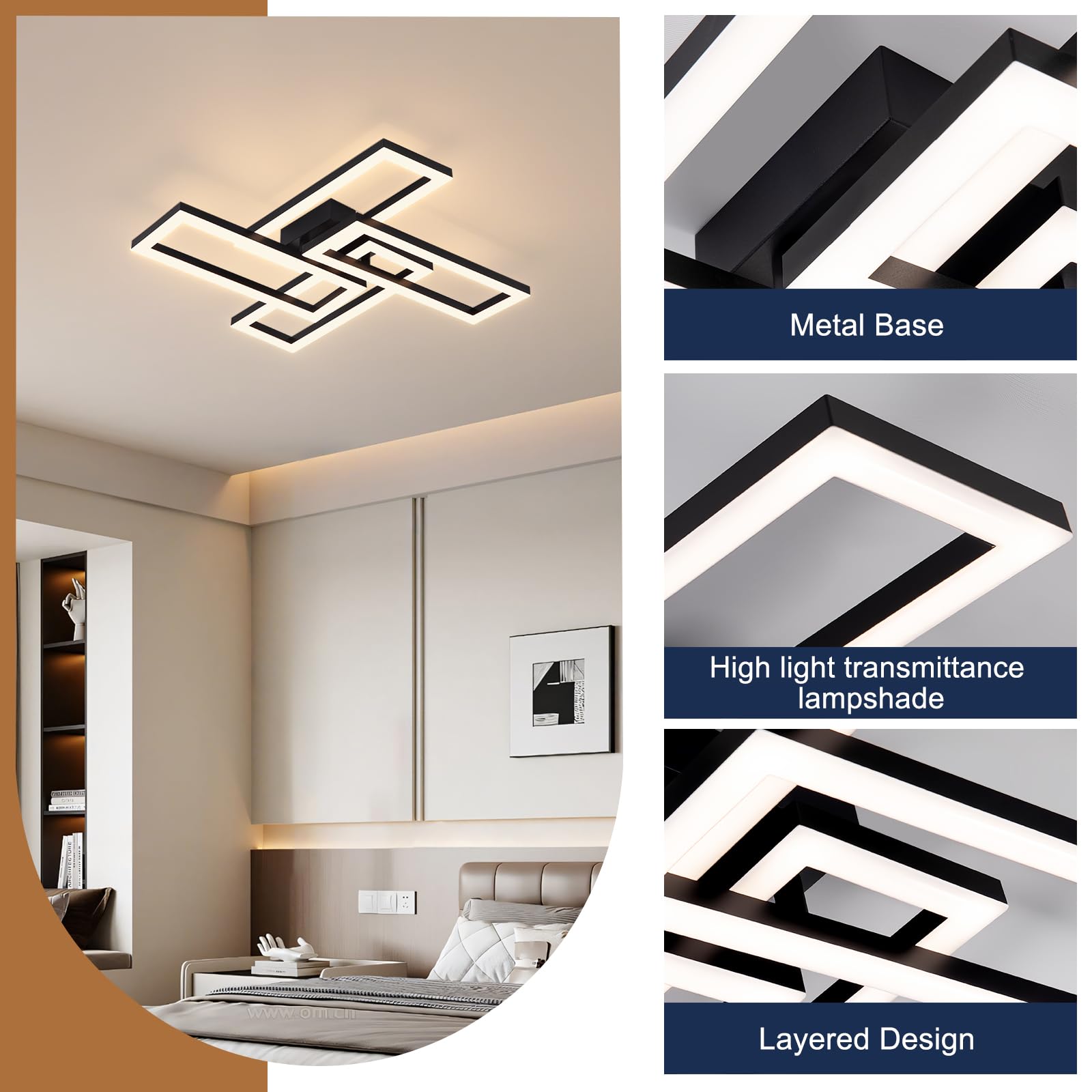 Lampa sufitowa LED, ściemniana, 56 W, 66 cm, czarna, nowoczesna lampa do salonu z pilotem zdalnego sterowania, 3000-6500 K, 4-kwadratowa lampa do sypialni, oświetlenie sufitowe LED, do biura