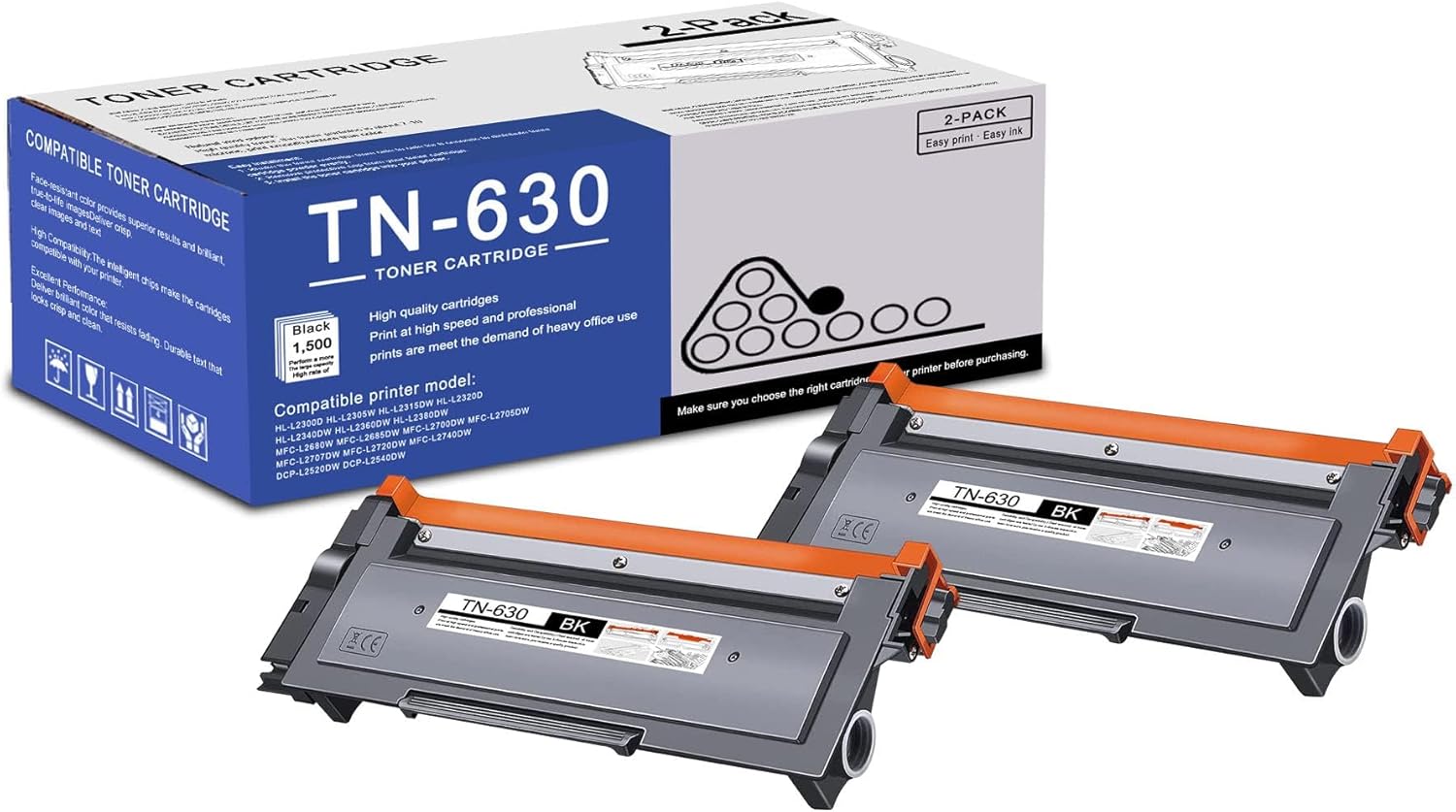2 Pack TN630 TN-630 Black Toner Cartridge Compatible TN630 Replacement for Brother tn630 HL-L2300D L2305W L2320D L2360DW MFC-L2680W L2685DW L2700DW L2705DW L2707DW L2740DW DCP-L2540DW L2520DW Printer