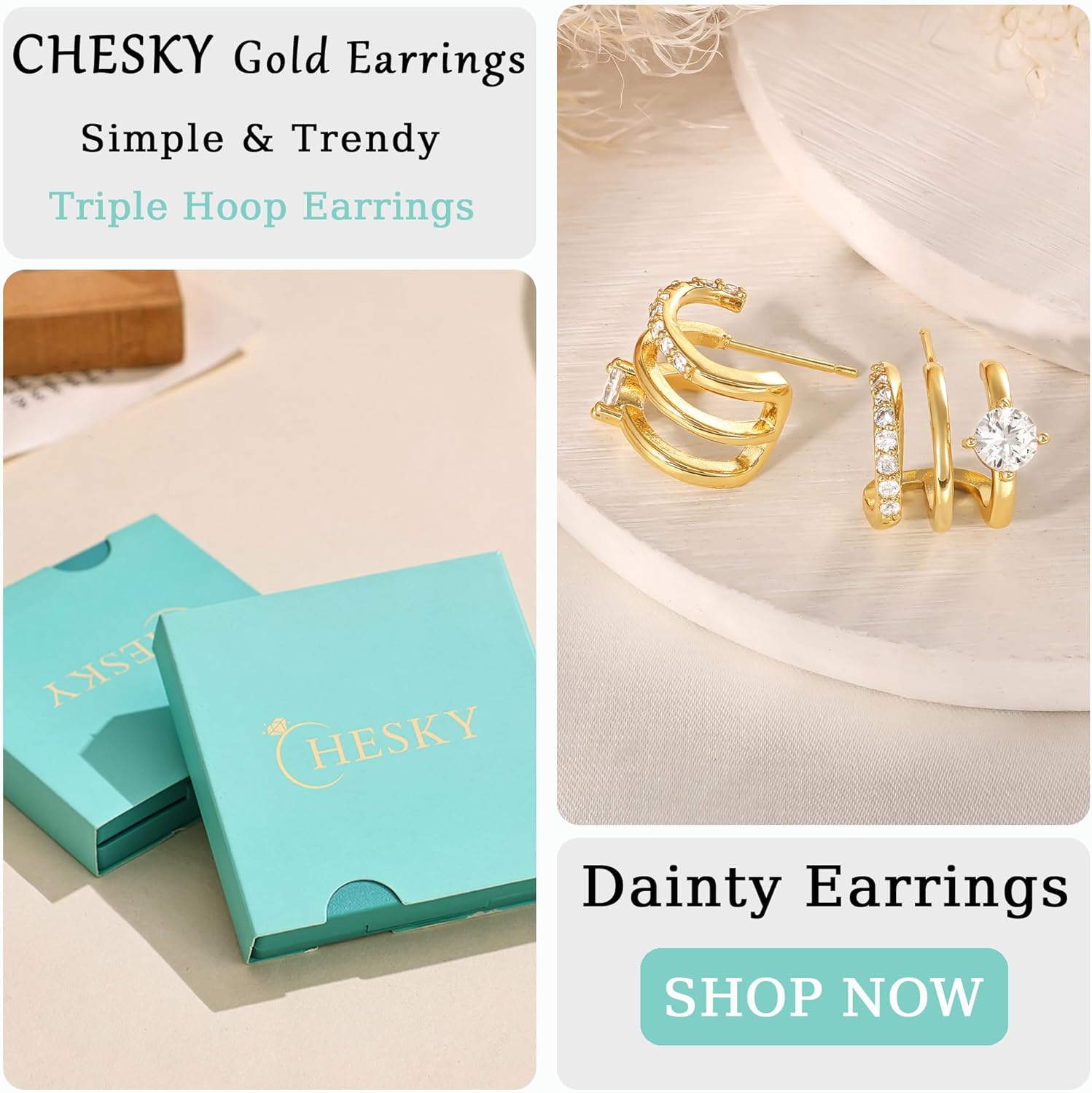 CHESKY 14k Gold Plated Triple Illusion Huggie Stud Earrings, Trendy Double Huggie Hoop Earrings for One Hole, Dainty Gold Claw Earrings for Women Cute Everyday Jewelry Gift - Image 8