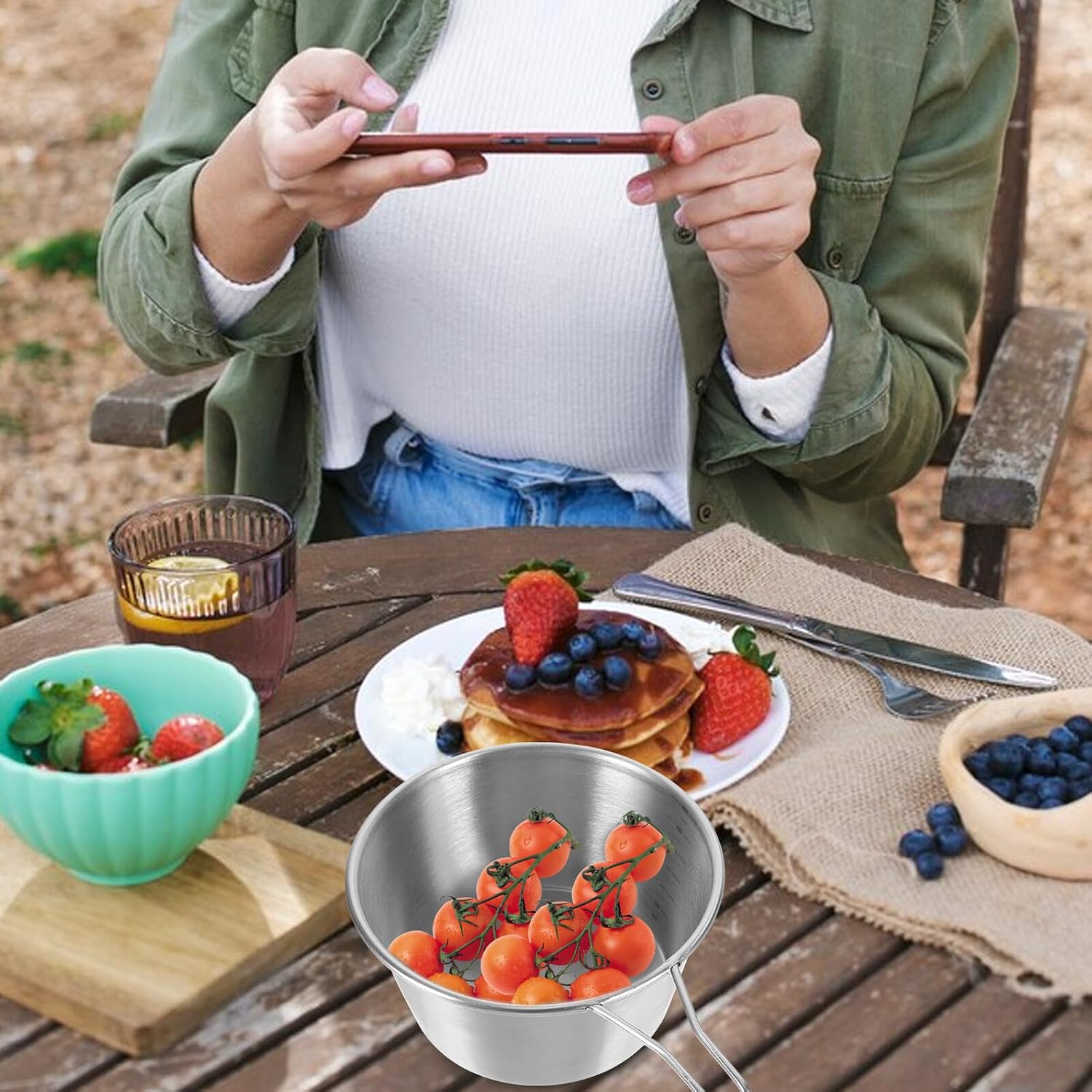 Stainless Steel Picnic Bowl Large Portable Camping Salad Bowl Multifunctional Outdoor Tableware for Hiking Travel and Camping Use
