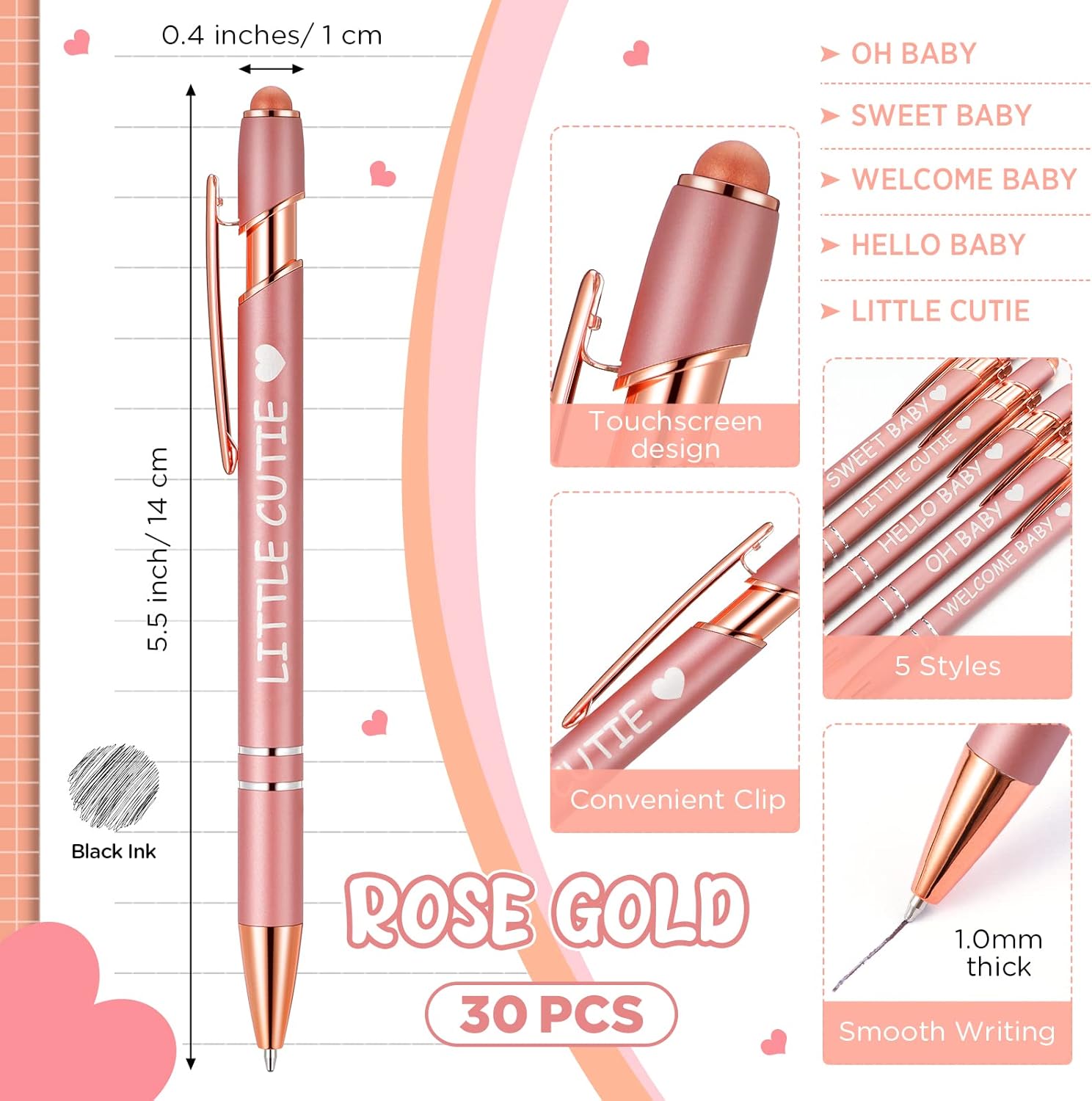 PerKoop 30 Pcs Baby Shower Pens Favors Bulk Rose Gold Ballpoint Pen Retractable Gel Ink Pens 2 In 1 Metal Pen For Guests Gifts Party Games Decors Writing Journaling Supplies