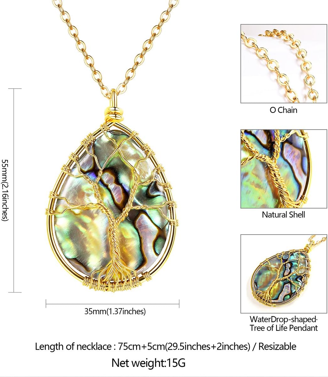 FOCALOOK Stainless Steel Wire Wrapped Tree of Life Abalone Necklaces Handmade Costume Jewelry Long Necklaces for Women (Send Gift Box) - Image 4