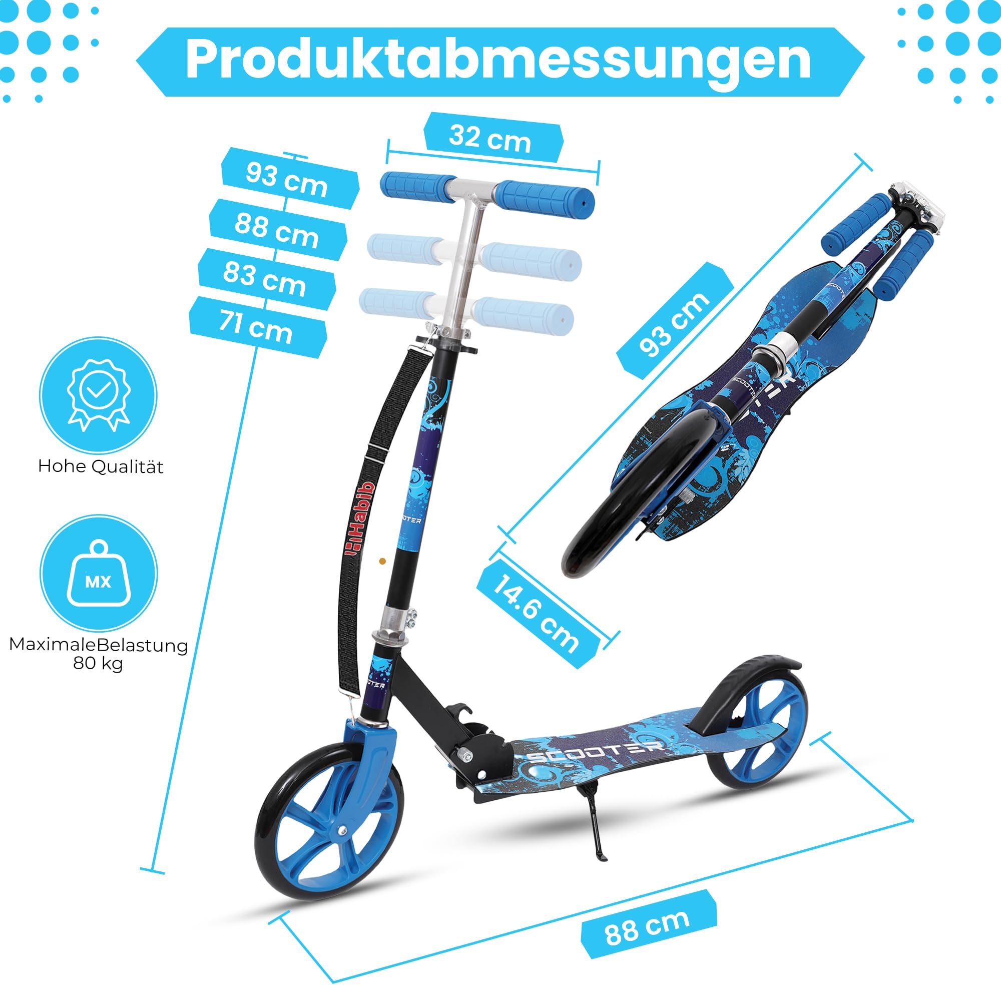 Habib Cityroller Tretroller Kinder ab 6 Jahre, XXL 205mm, klappbar, 100 kg