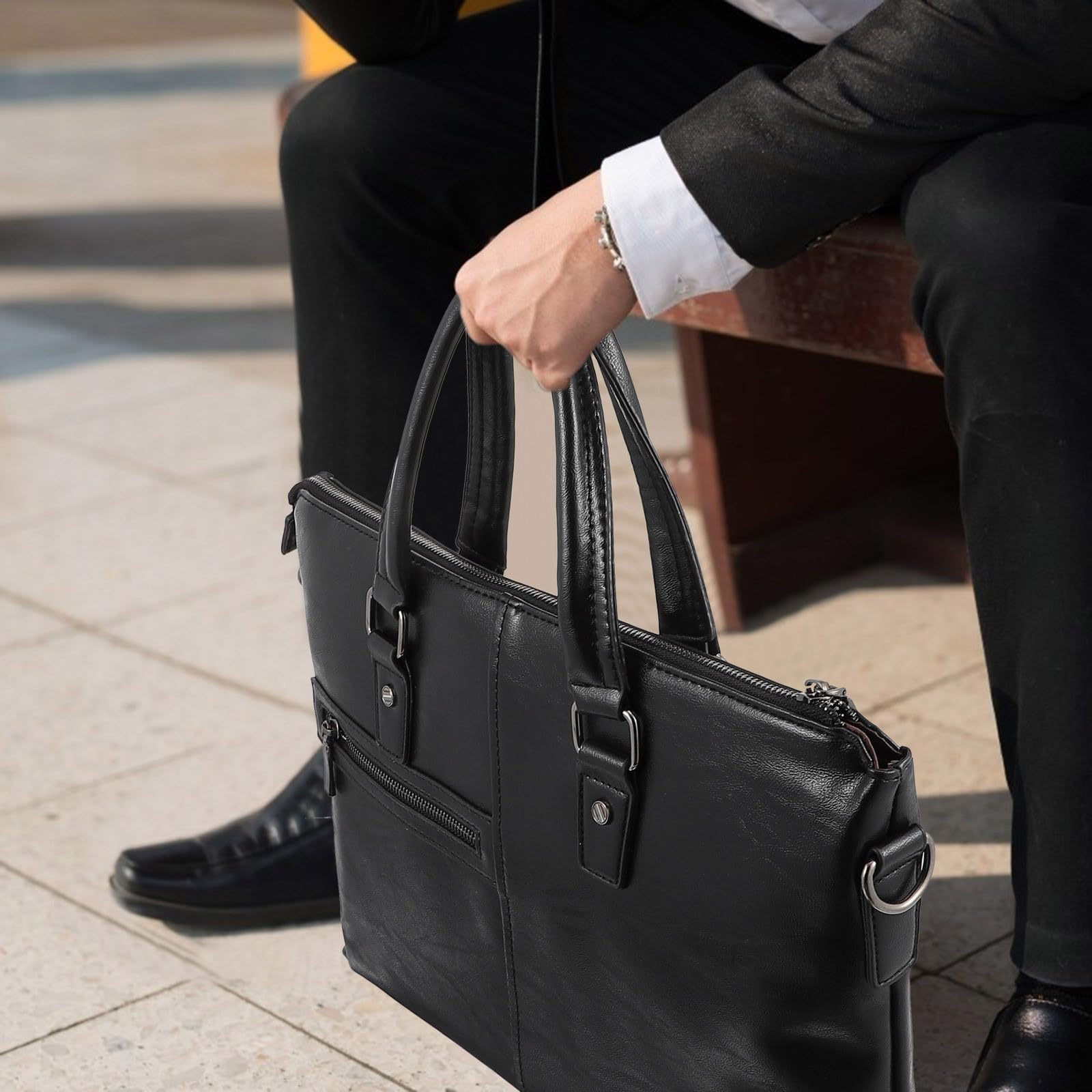 Borsa Porta Computer in Pu Pelle Nera Ampio Volume e Resistente All'acqua per Usi Professionali Maschili