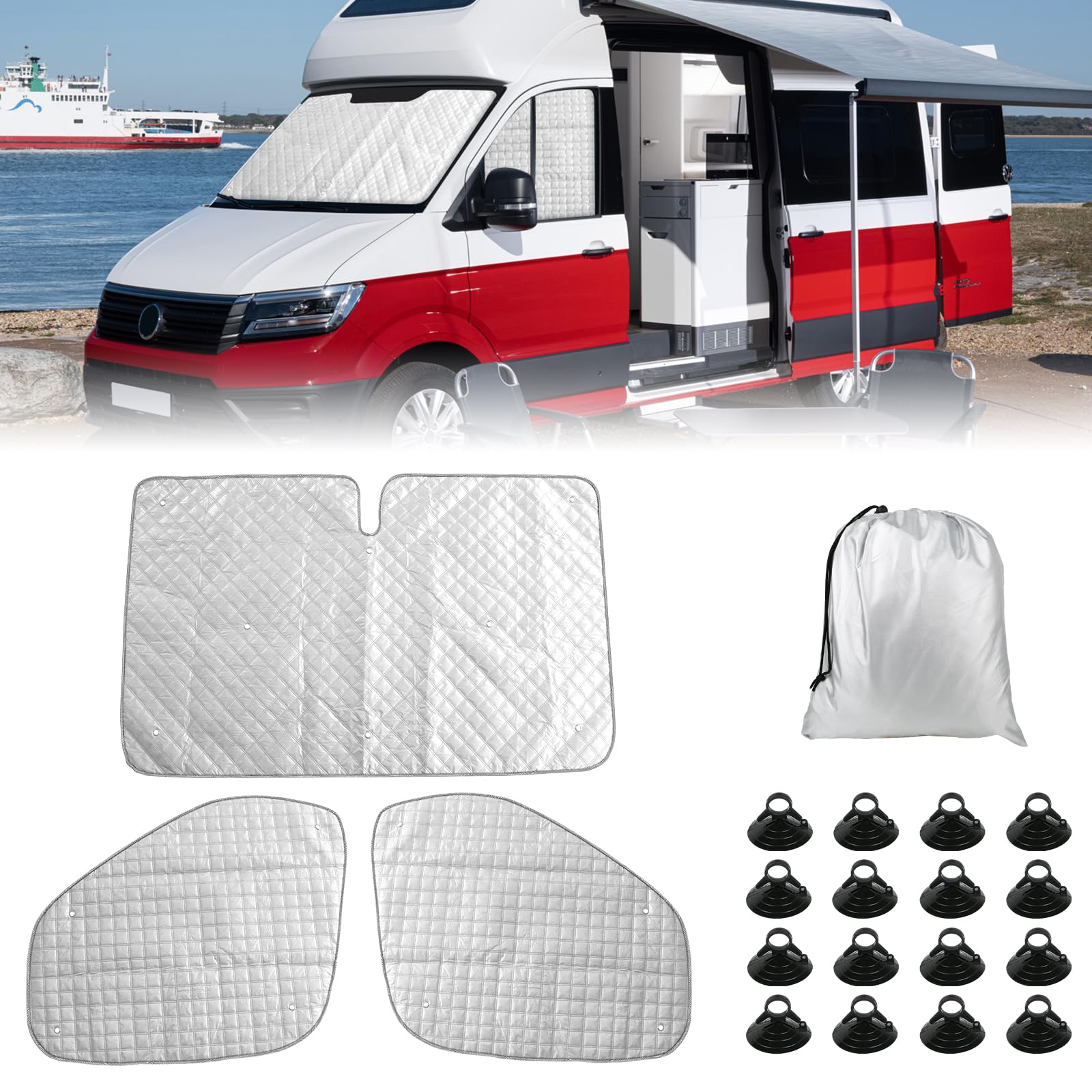 3 sztuki termicznych dywanów samochodowych do zamiany dla VW Crafter/Grand California 20108-2025, osłona przeciwsłoneczna na przednią szybę, zestaw składanych rolet przeciwsłonecznych, czarna