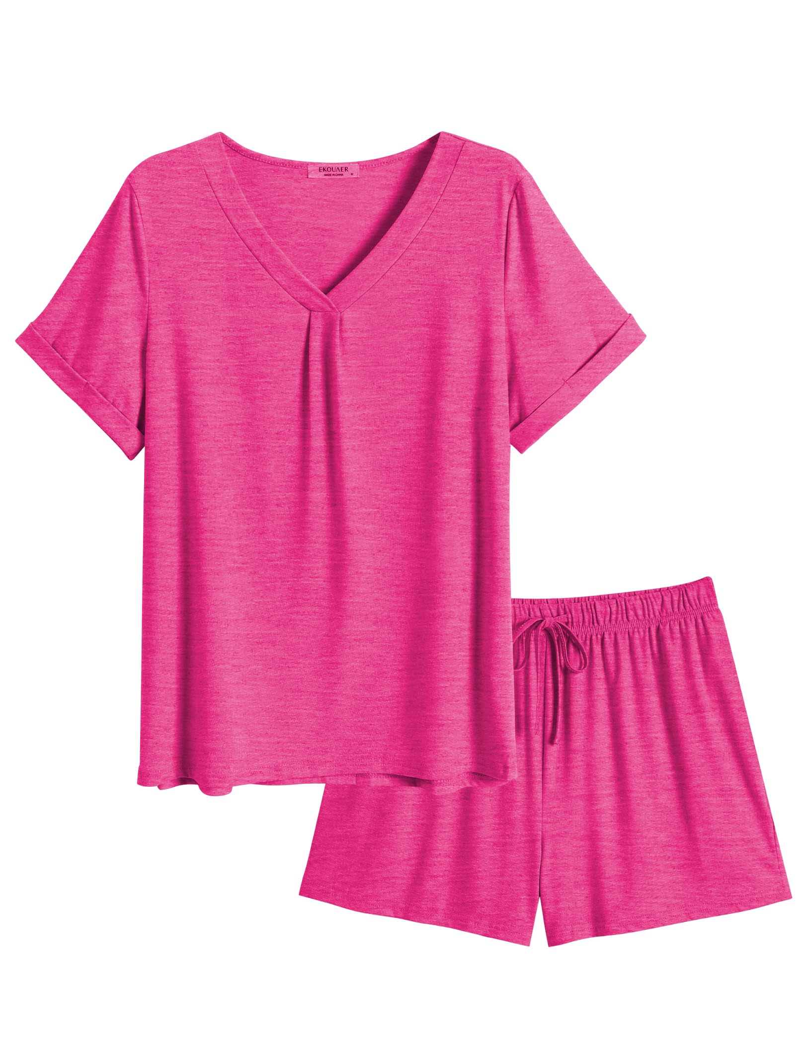 Ekouaer Pajamas Set Women's Short Sleeve 2 Piece PJ Sets V Neck Comfy Sleepwear Loungewear with Pockets S-XXL