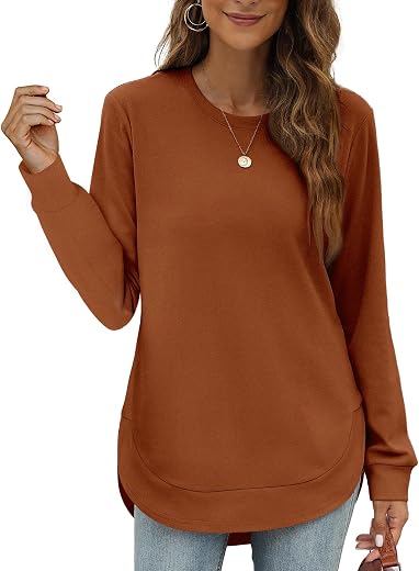 OFEEFAN Womens Tunic Tops Puff Sleeve Crew Neck Long Sleeve Shirts Solid Color