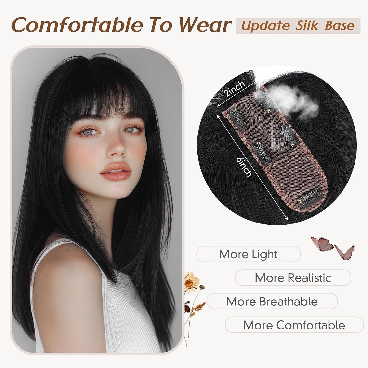 Rich Choices Hair Toppers for Women Real Human Hair 360°3D Clip in Bangs 100% Remy Human Toppers with Bang for Thinning 150% Density Upgrade Extended 2"*6"Lace Base 10 Inch #01 Jet Black