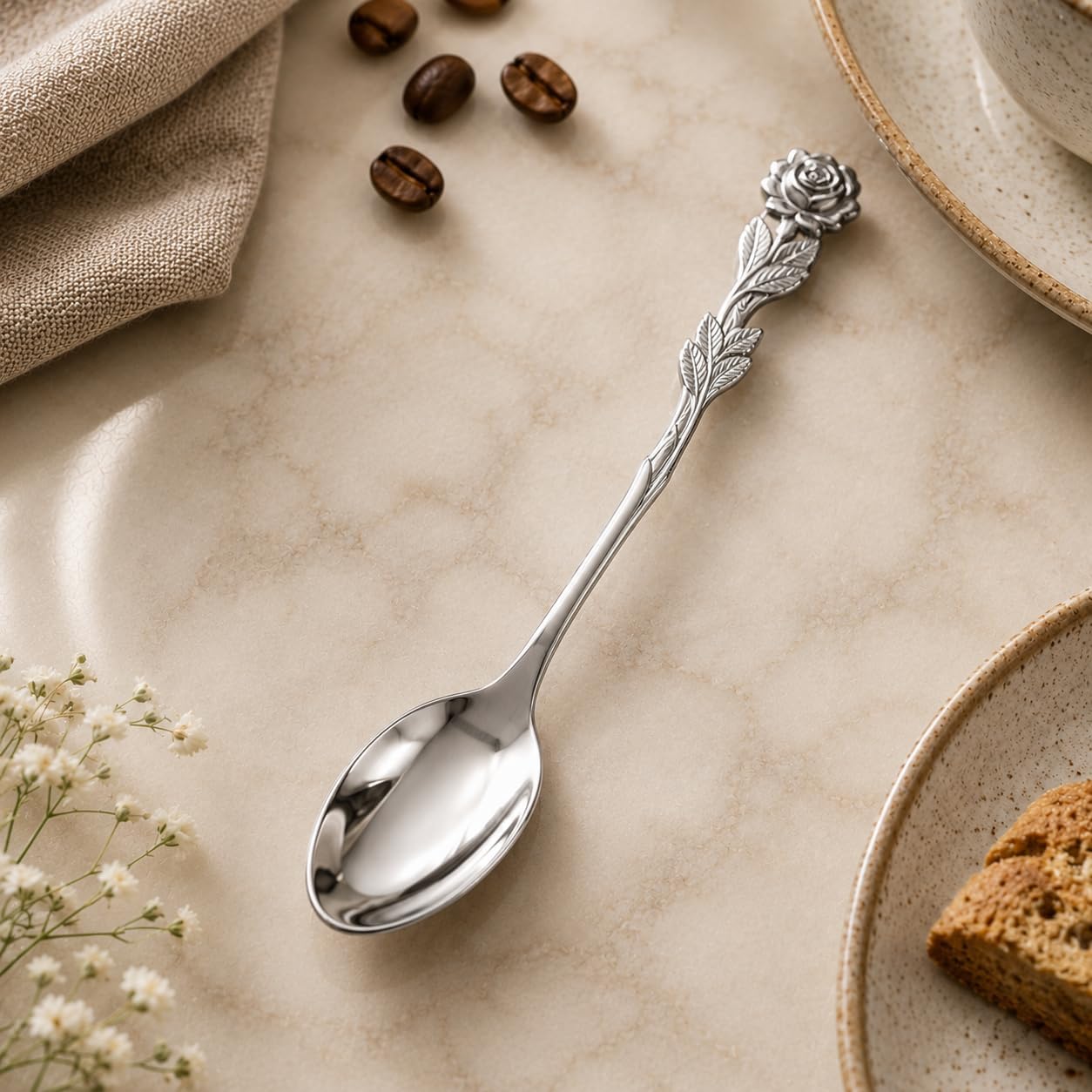 Fino Demi Spoon, Stainless Steel, Rose Design, For Everyday Coffee, Desserts, Entertaining, and Holiday Dining, Set Of 4