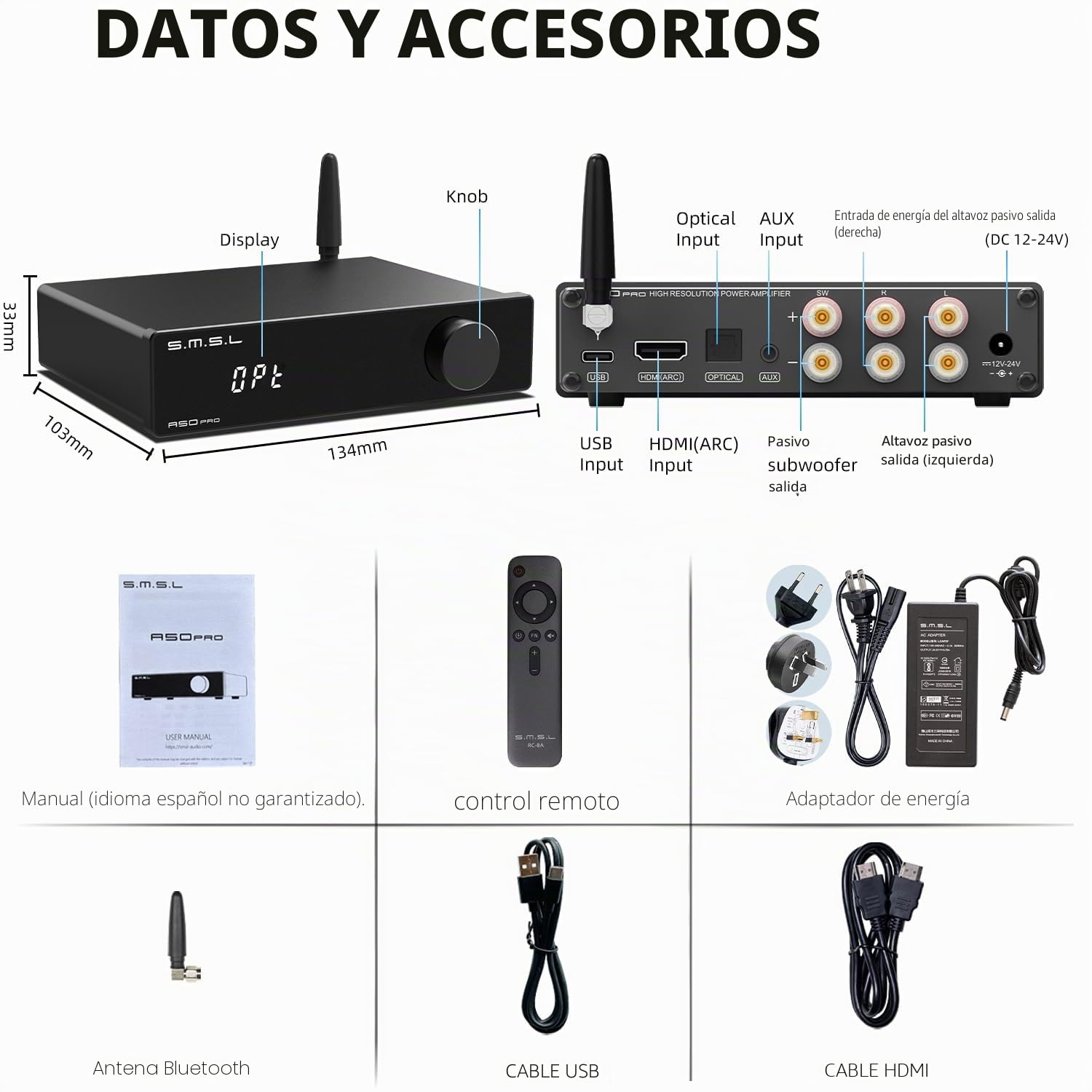 S.M.S.L Amplificador A50Pro, LPF y HPF, amplificador de audio de 2.1 canales, potencia de salida de graves de 100 W, amplificador de audio estéreo Bluetooth 5.0 de alta fidelidad, soporta HDMI (ARC