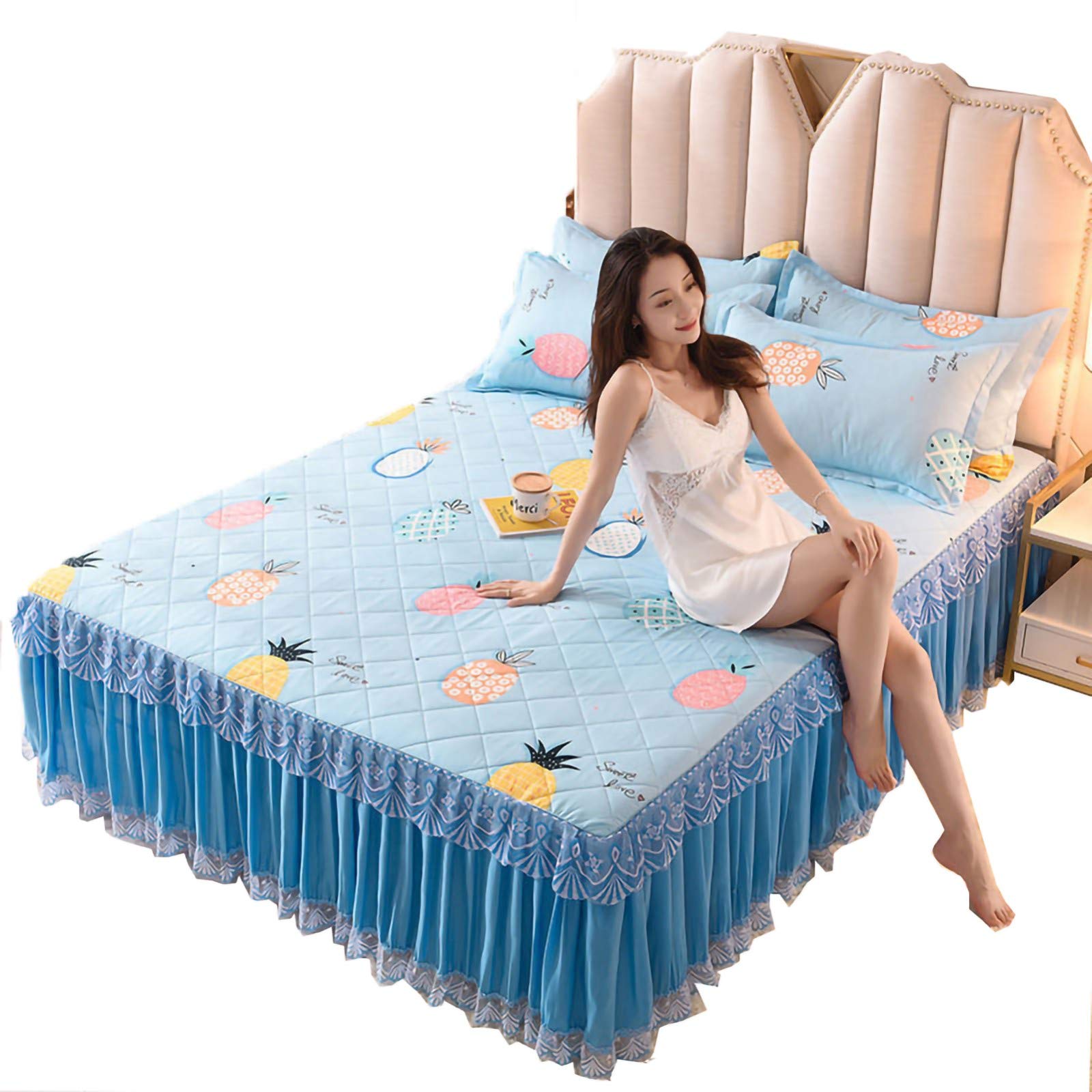 YLXD 3Pcs Ruffle Bed Skirt Bedspread Bedding Traditional Quilted Fitted Velvet Bed Protector Anti-Slip Bed Wrap Around Style Lace Solid Color(Bed Skirt + Pillowcases) B,1.5 * 2.0m