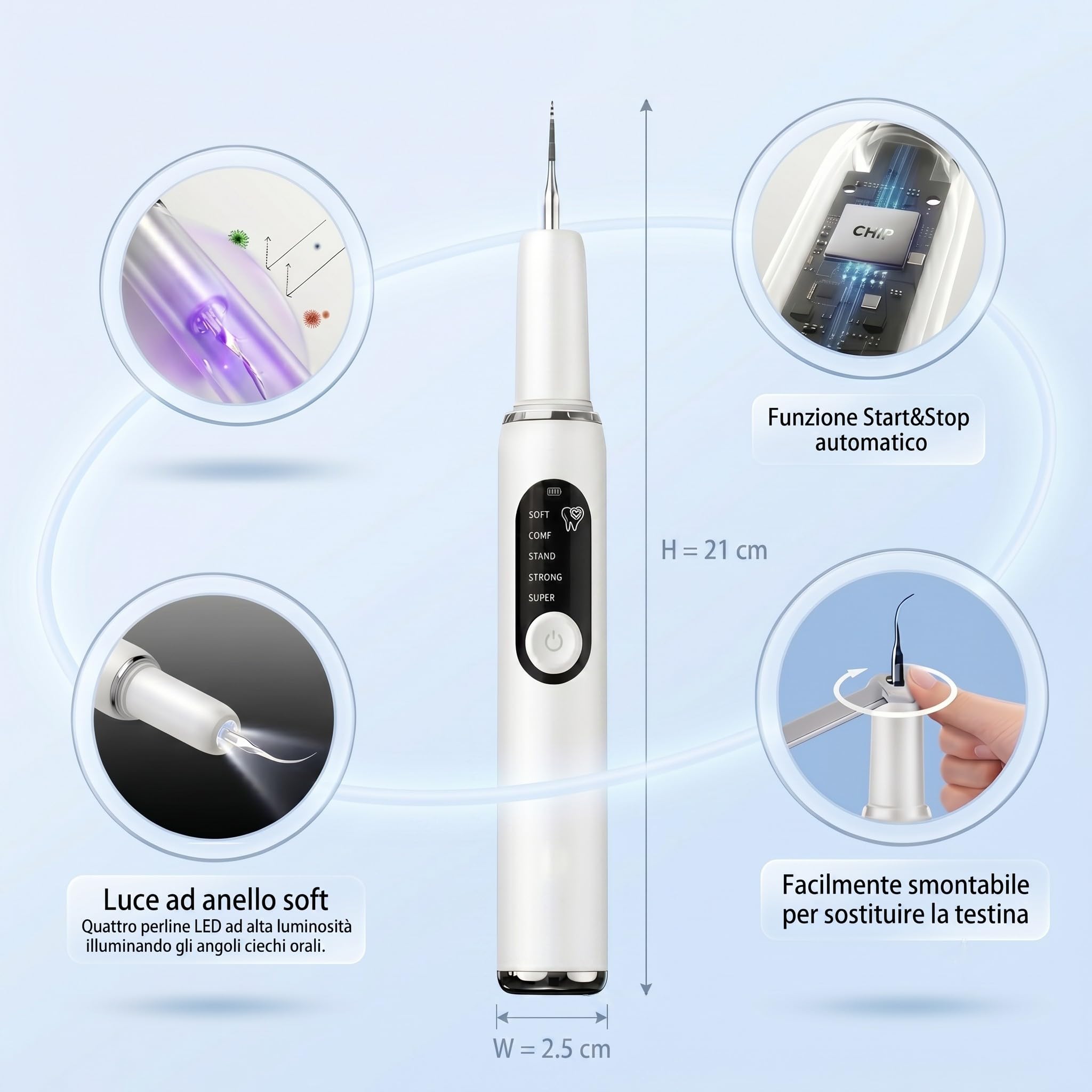 Kit Pulizia Denti Tartaro，Spazzolino Elettrico Ultrasuoni Intelligente con 5 Modalità Per Rimozione Placca e Macchie con 5 testine intercambiabili e Luci LED per Pulizia Tartaro Uso Quotidiano a Casa