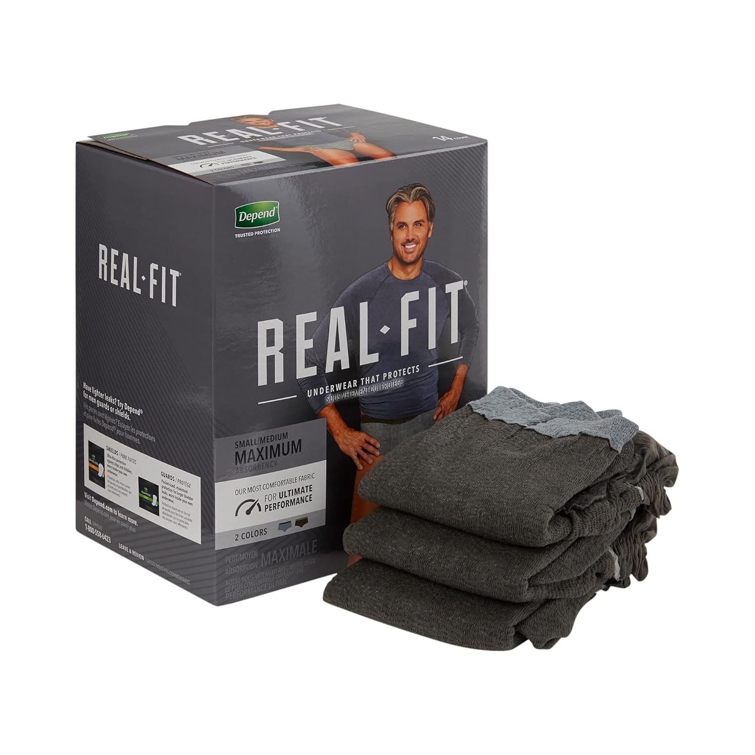 Depend Real Fit Incontinence Underwear for Men with Maximum Absorbency, Gray, Small/Medium, 14 ct