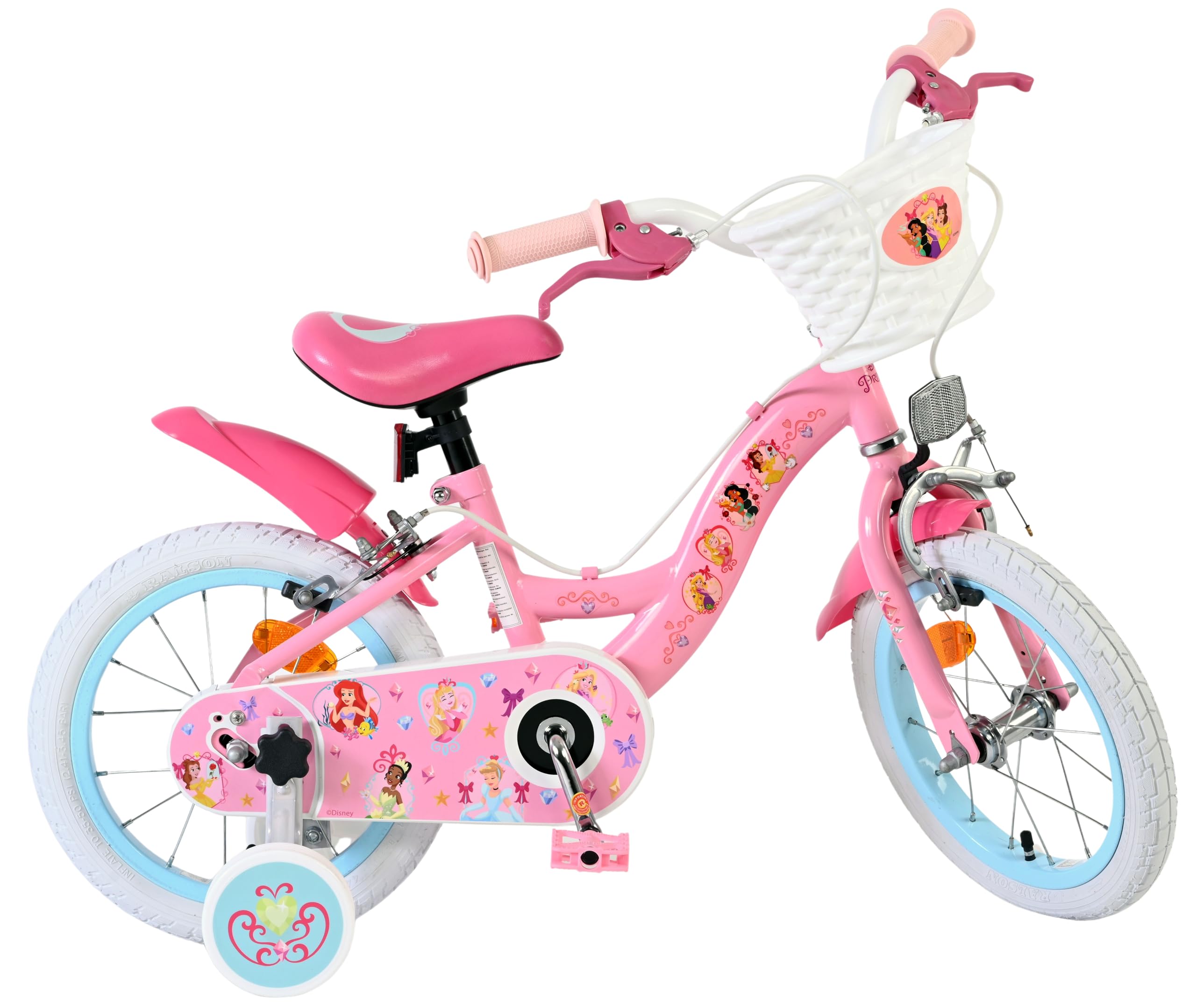 Volare Disney Princess Pink Kids Bike | Ages 3.5-5 | 14 Inch Wheel | 2 Handbrakes (Front & Back Wheel), Removable Stabilisers & Pedal Reflectors | Adjustable Height | Handlebar Basket | Gift for Girls