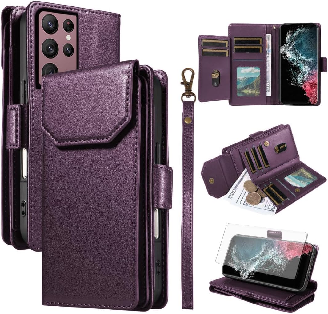 Asuwish Phone Case for Samsung Galaxy S22 Ultra 5G Cell Wallet Cover with Tempered Glass Screen Protector Flip Credit Card Holder Slot Stand S22ultra 22S S 22 S22ultra5g 6.8 Women Men Pink