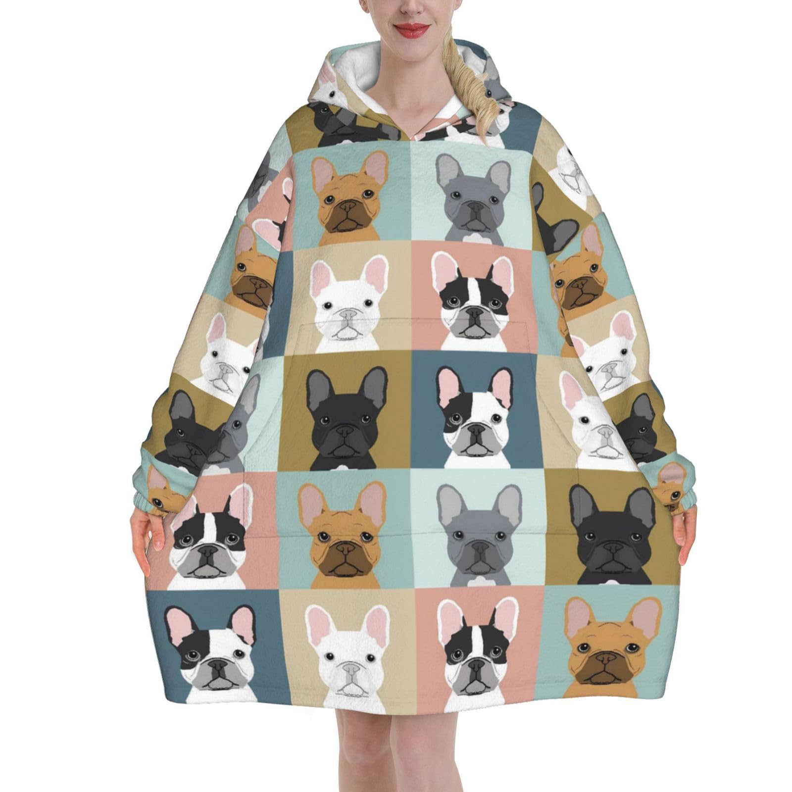 French Bulldog Blanket Hoodie - Gifts for Dog Lovers, Winter Warm Cozy Birthday Present Ideas for Boy & Girl, Aldult Warm Soft Flannel Wearable Blanket with Pocket