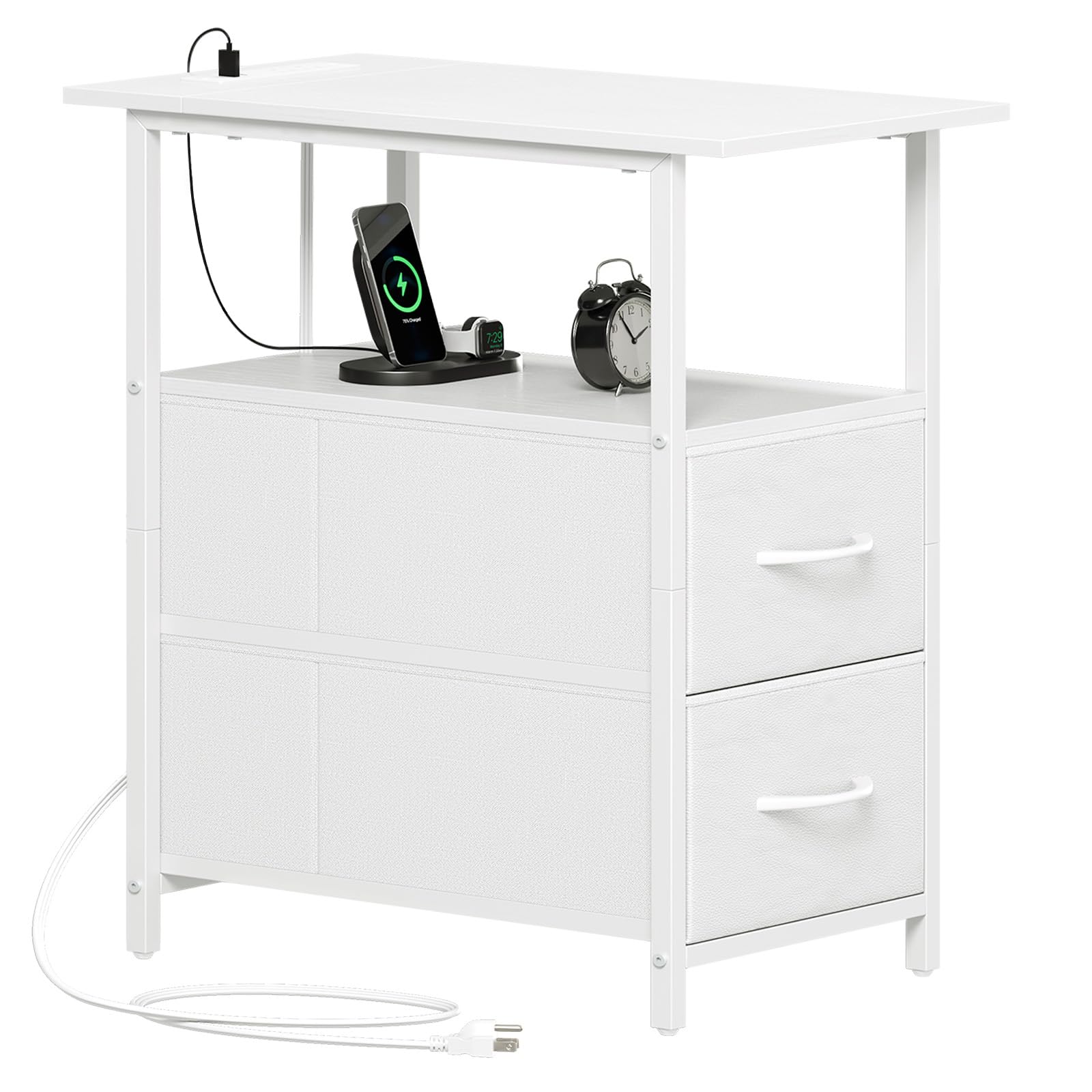 Somdot Table de Chevet Etroite, 2 Prises 2 USB, 2 Tiroirs en Tissu, Blanc