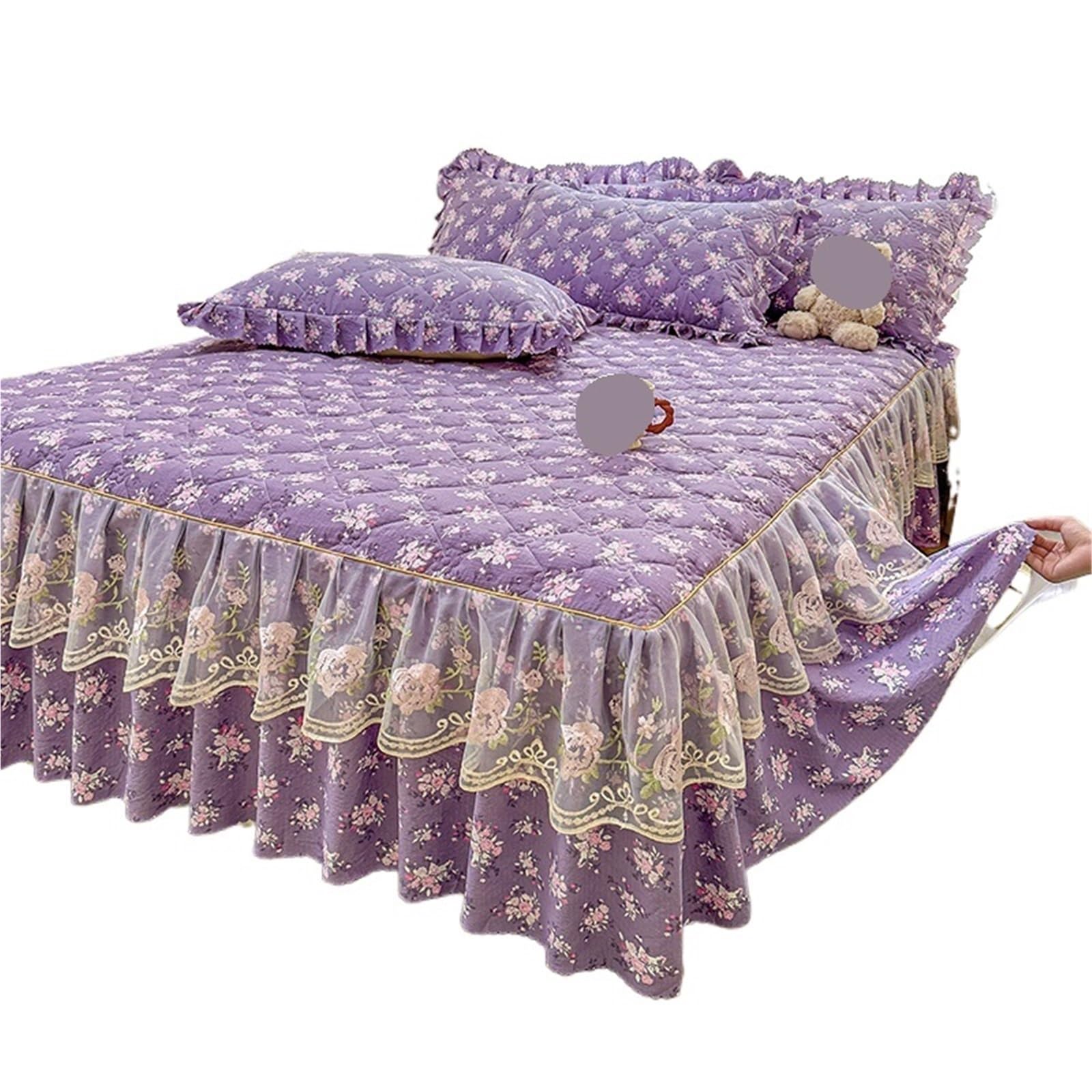 Ruffled Bed Skirt 1pc Quilted Bed Skirt Soft Printed Bedspread Ruffles Linen With Elastic Band Home Cover (No Pillowcase)(H,SKing 200x220cm 1pc)