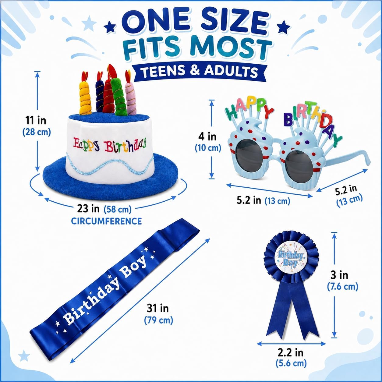 Birthday Hat for Adults, Plush Cake Hat Set with Birthday Boy Sash, Glasses & Button Pin