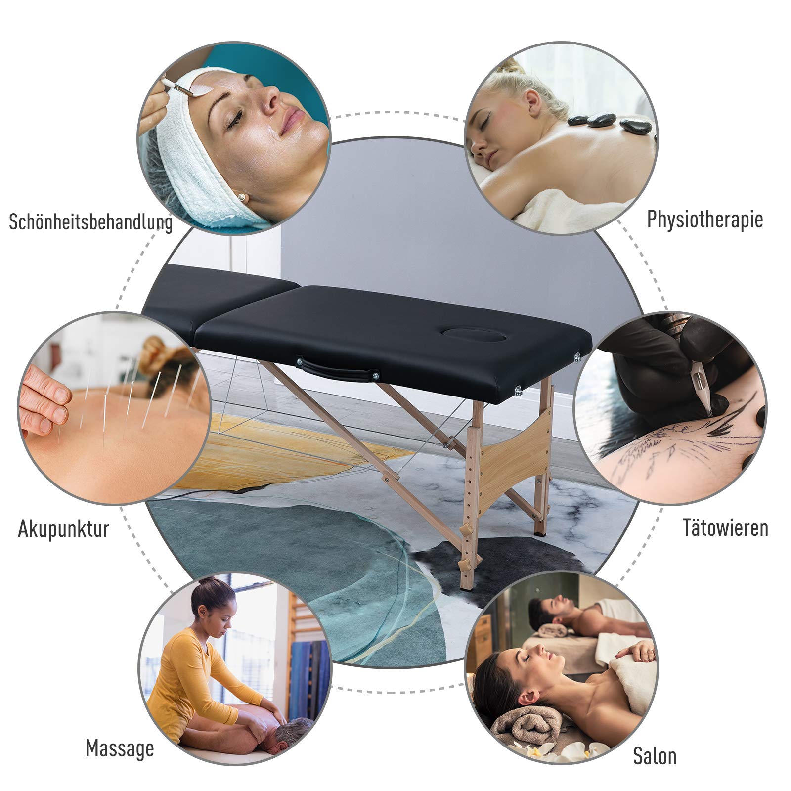 HOMCOM Massageliege 3 Zonen Klappbar Massagetisch mit Kopfstütze Armlehne Tragetasche Holzfüßen höhenverstellbare Massagebett tragbar Kosmetikliege für Tattoo Spa Salon Schwarz