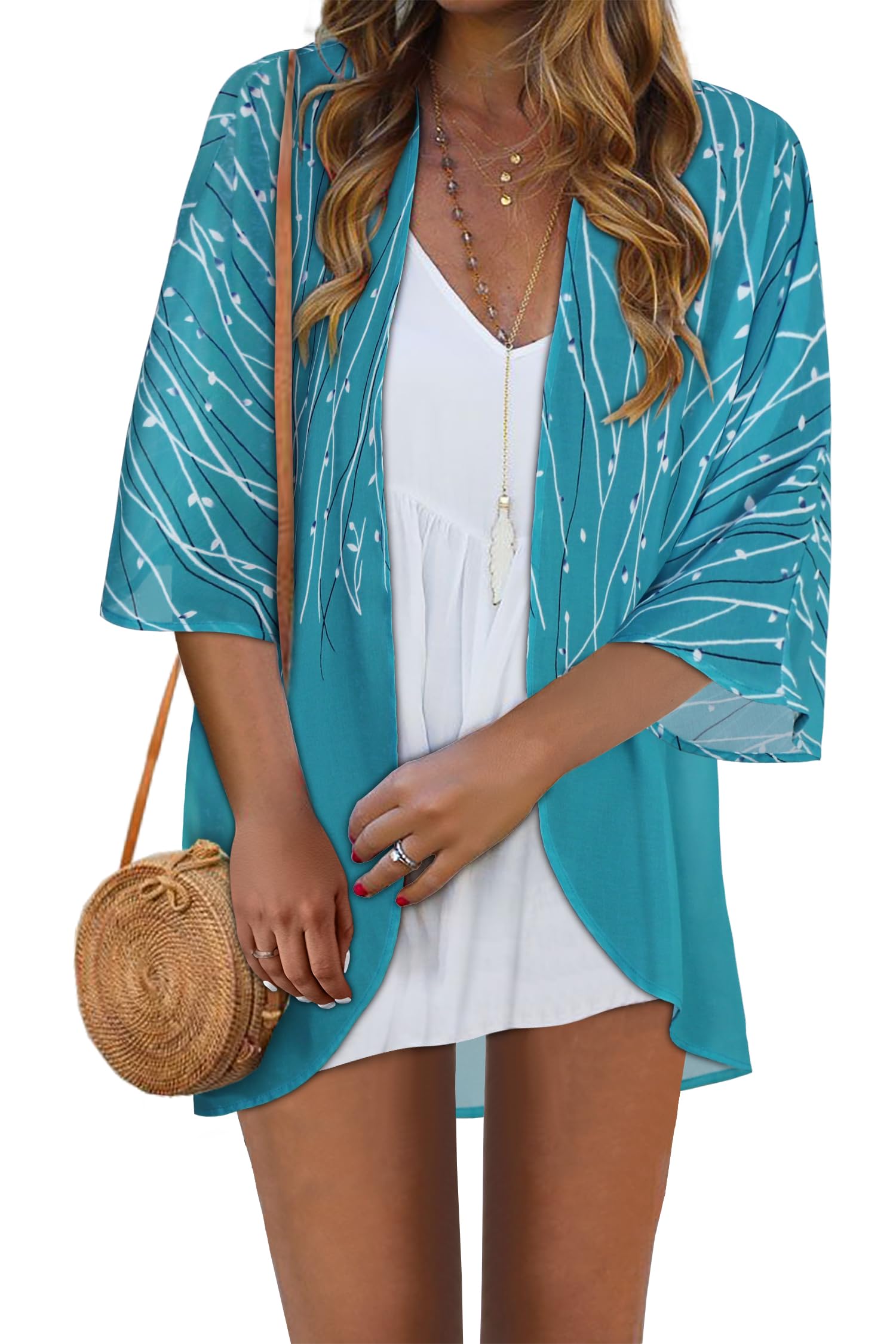 ADOREJOY Women's Tops Summer Kimono Cardigan Floral Print Puff Sleeve Swimsuit Cover Up Casual Loose Fit Blouse — view 18