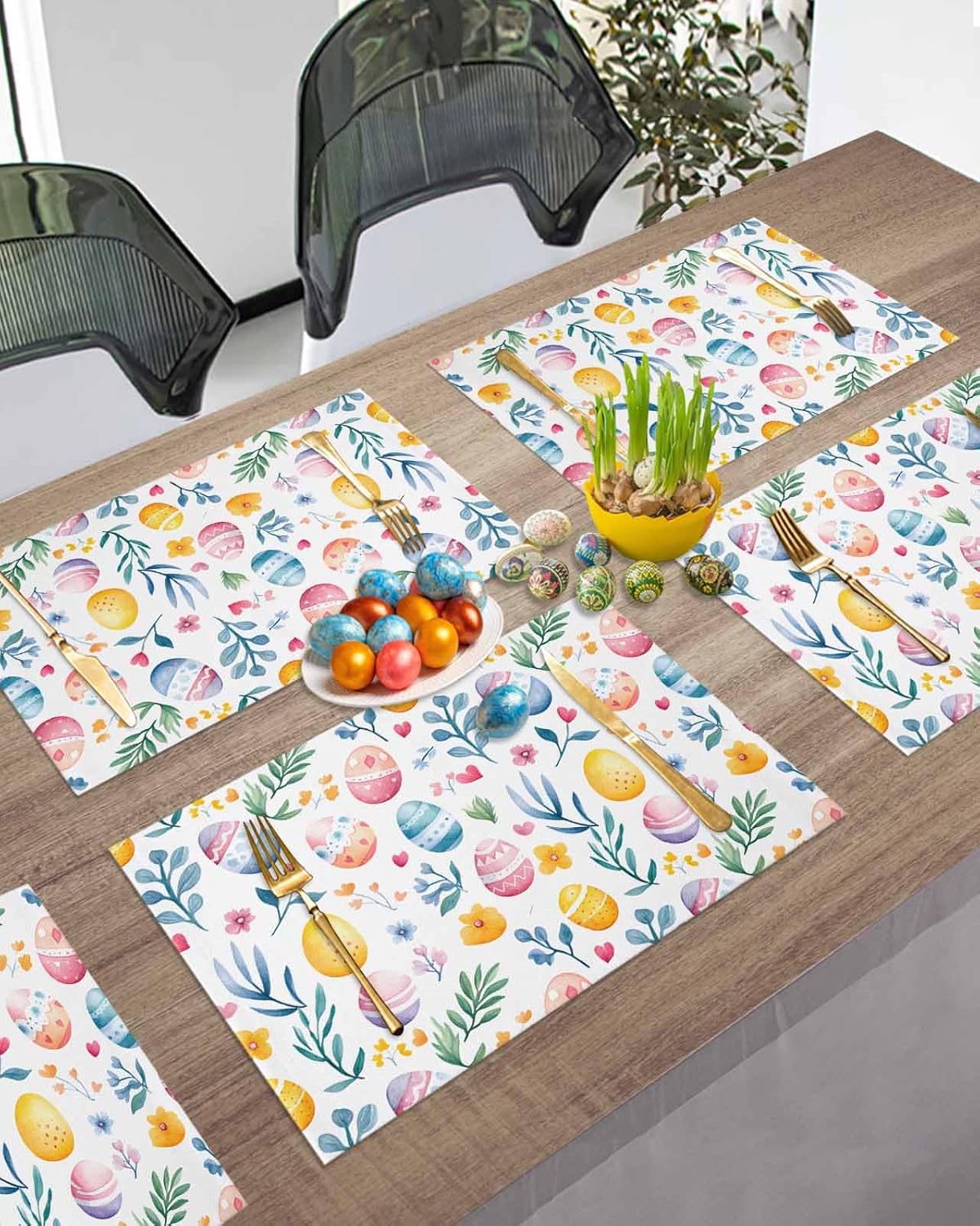 Easter Eggs Placemats Set of 1, Floral Washable Cotton Linen Table Mats for Kitchen Dining Table, Heat-Resistant Place Mats for Indoor Outdoor Parties, Spring Holiday Decorations