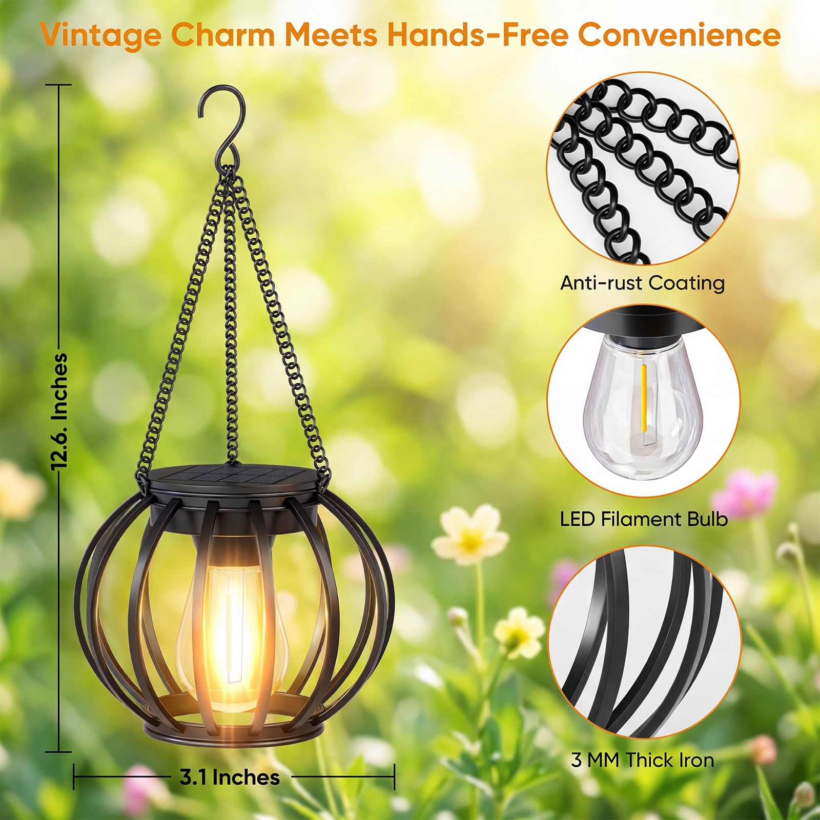 Lanterne solari impermeabili per esterni: confezione da 4 luci solari in metallo da appendere per esterni, lanterne da giardino a energia solare, luci decorative per albero, cortile, patio, tavolo,
