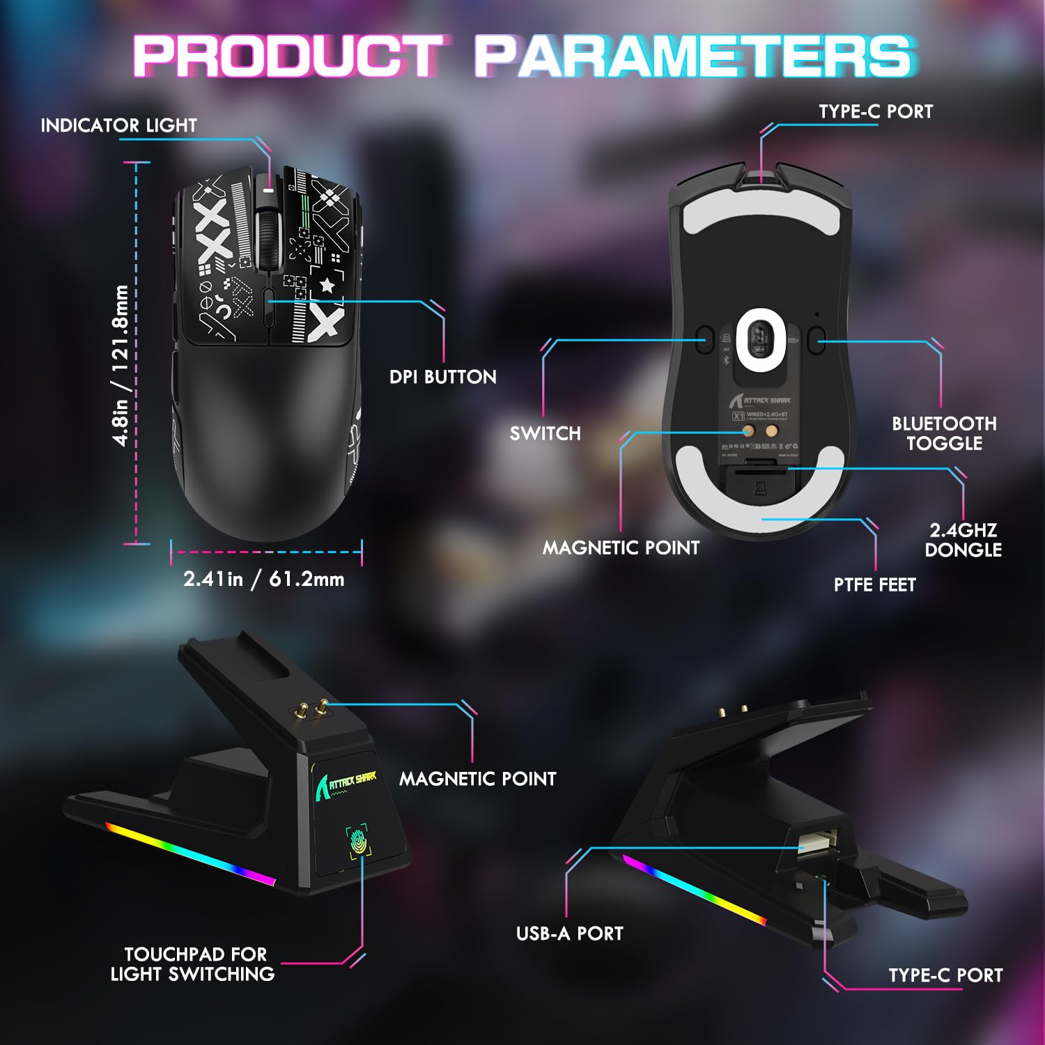 ATTACK SHARK X1 Souris Gaming avec Station de Charge Magnétique, Capteur PixArt PAW3395PRO, 40000DPI, Ultra-légère 49g, Bluetooth/2,4GHz sans Fil/Filaire, Microswitches 100M pour PC/Xbox/Mac - Noir