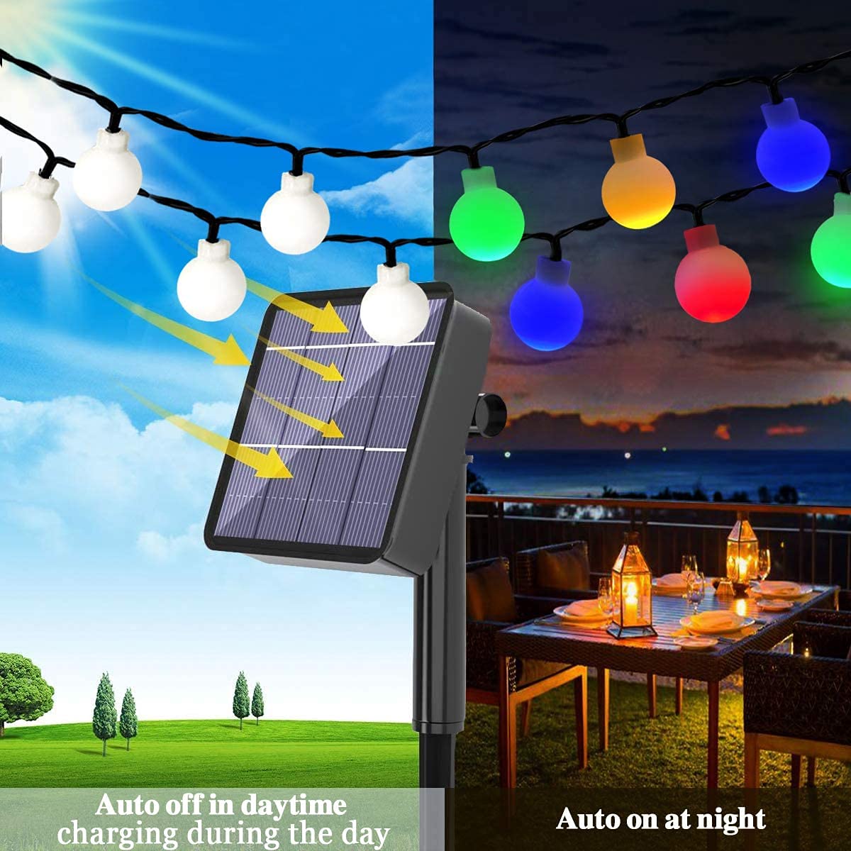 Solarne lampki świetlne, 20 kulek LED, 5 m, łańcuch świetlny, solarny, mini kulka, dekoracyjne światła, 8 trybów, wodoodporne, świąteczne łańcuchy z ziemi, do wewnątrz, na zewnątrz, do ogrodu, na patio, Boże Narodzenie, 22 m 200 LED, białe