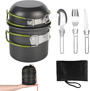 YYTECH Camping Cookware Set, Aluminium Camping Pot, Outdoor Cookware with Foldable Cutlery, Camping Tableware for 2 People, Picnic Pot, Mini Camping Cooking Set for Picnic Hiking