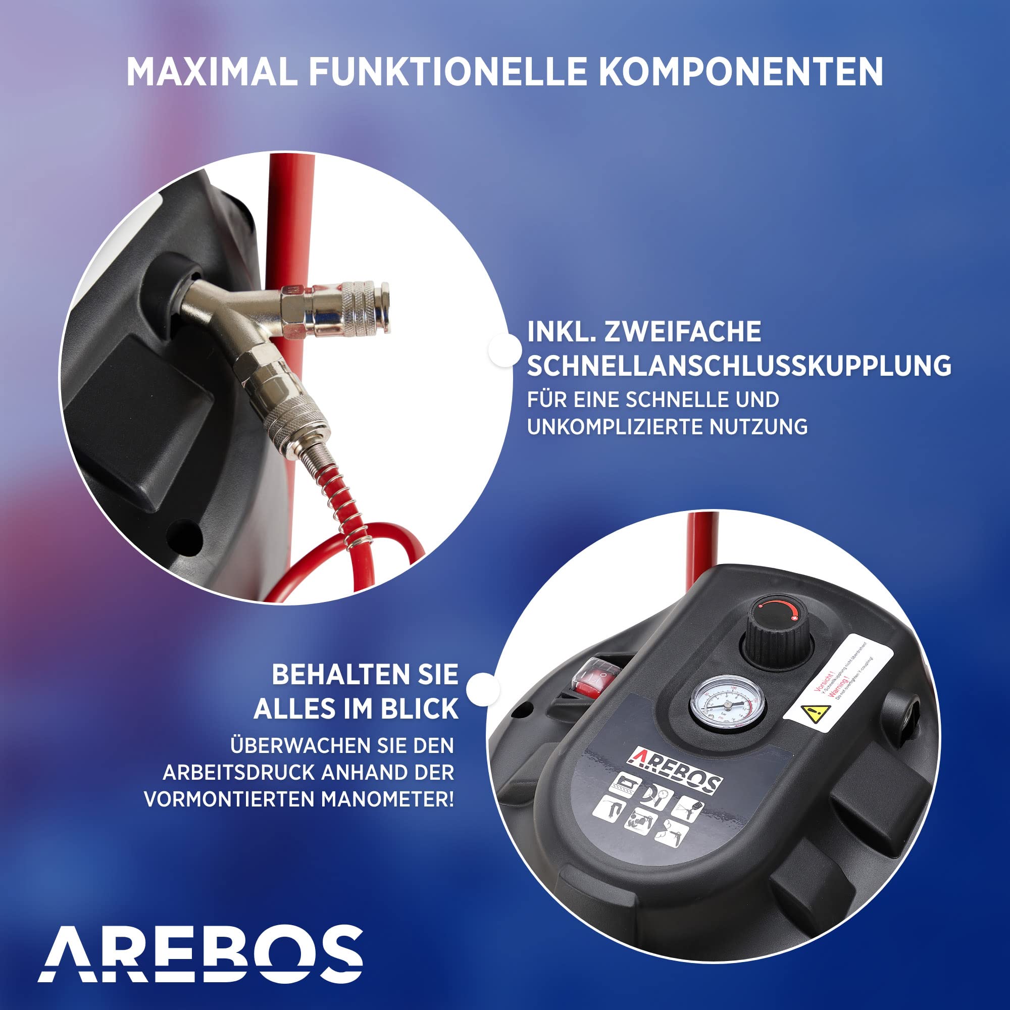Arebos 30L Druckluftkompressor Kompressor stehend 1500 W | inkl. 13-tlg. Druckluft-Werkzeug-Set | Wartungsarm | Abschaltautomatik | Extra langer Luftschlauch | ölfrei | Luftkompressor 10 bar