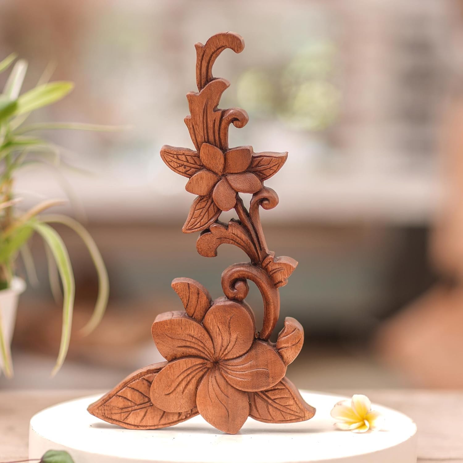 NOVICA Artisan Handcarved Wood Relief Wall Panel Suar of Frangipani Brown Indonesia Decor Panels Floral Tropical [11.5in H x 6.25in W x 0.8in D] ' Touch of Jepun'