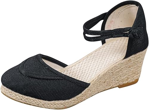 Miniatura 5 de Womenyiaor Sandalias de cuña con punta cerrada para mujer, alpargatas, negras, 8.5