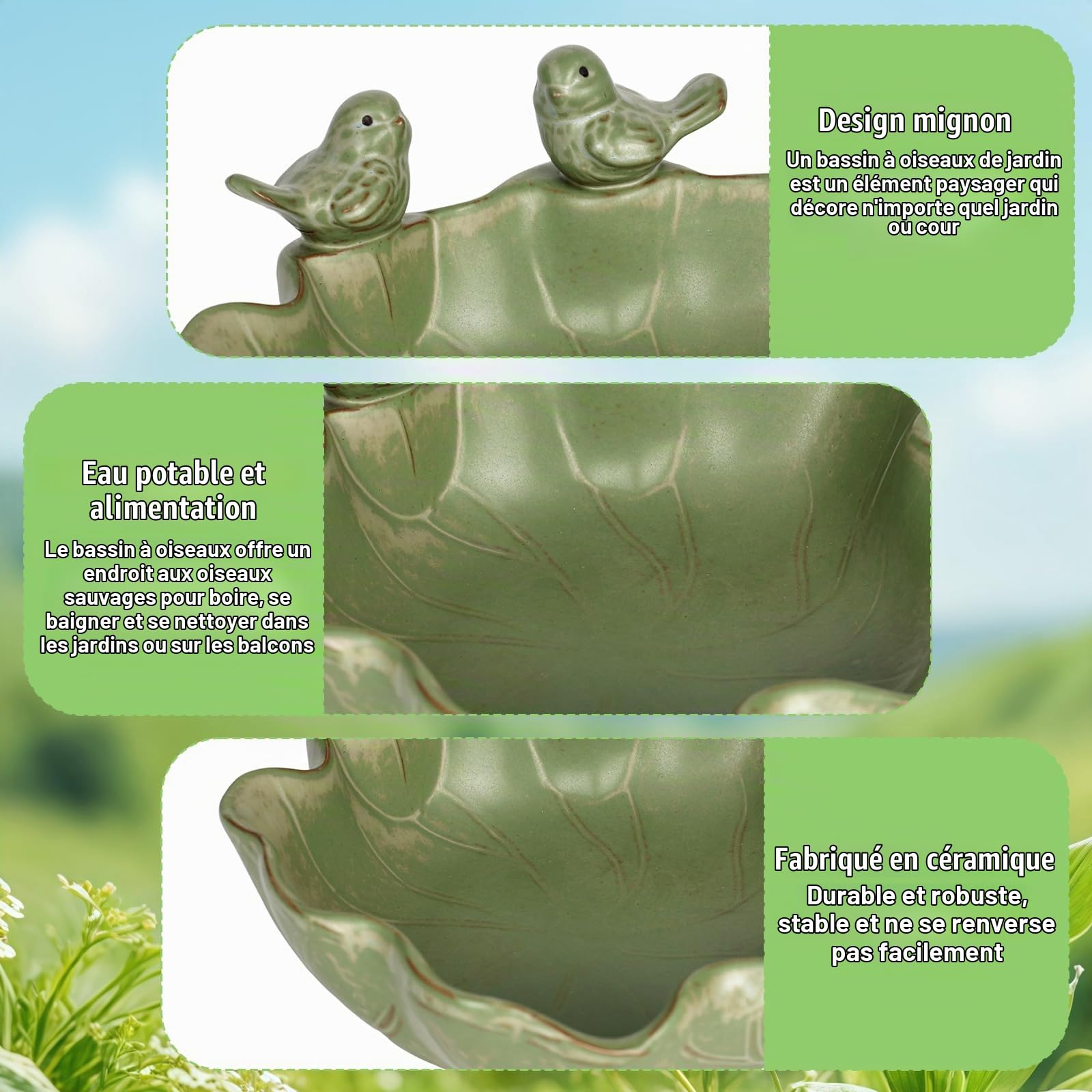Abreuvoir à oiseaux rond résistant à l'hiver avec 2 oiseaux décoratifs, abreuvoir à oiseaux pour balcon, fontaine à oiseaux, bain d'oiseaux pour le jardin, pour l'extérieur, la terrasse, le
