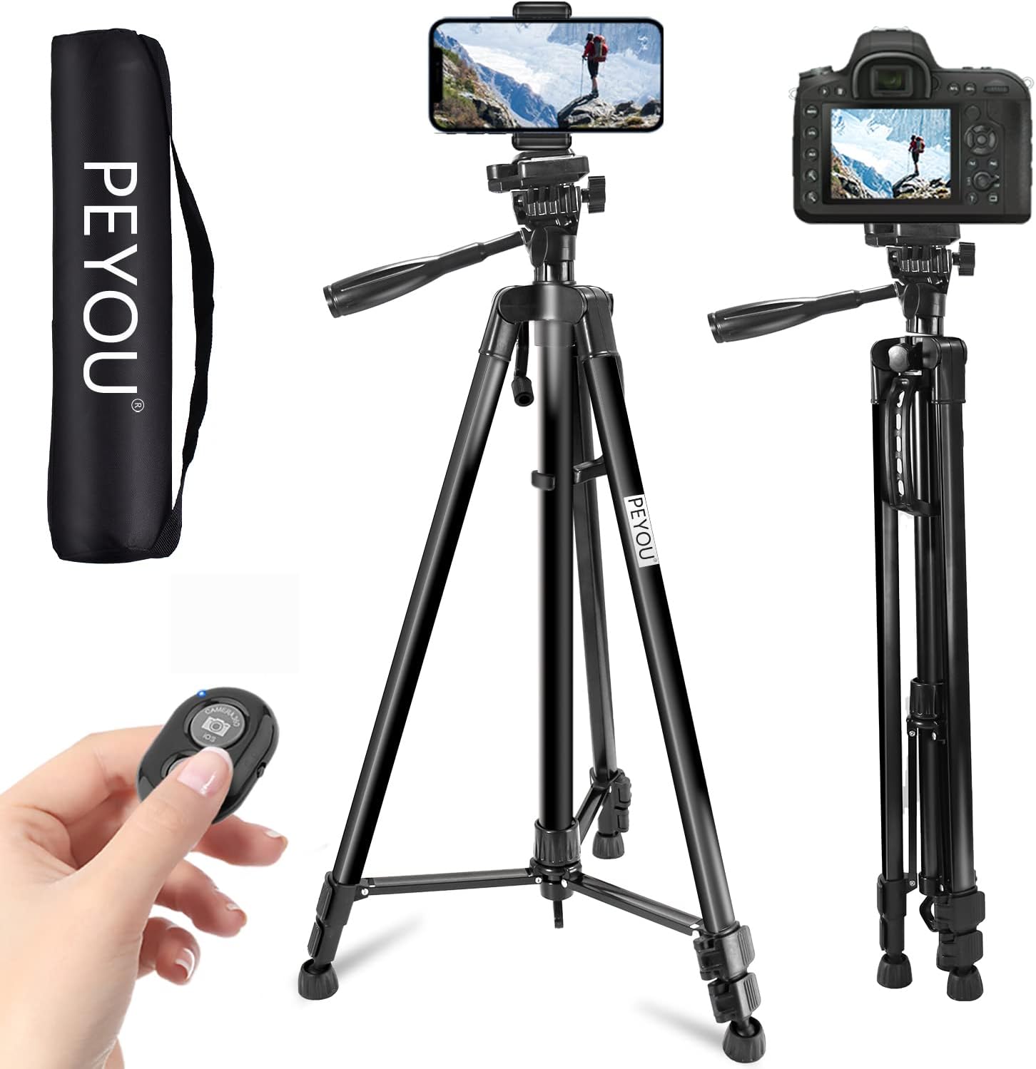 PEYOU 63" Phone Tripod, Aluminum Extendable Tripod Stand with Remote, Travel Tripod with Cell Phone Holder, 1/4” Mounting Screw for Mirrorless/Gopro/DSLR Camera, Max Load 8 Lbs, Carry Bag Inclued