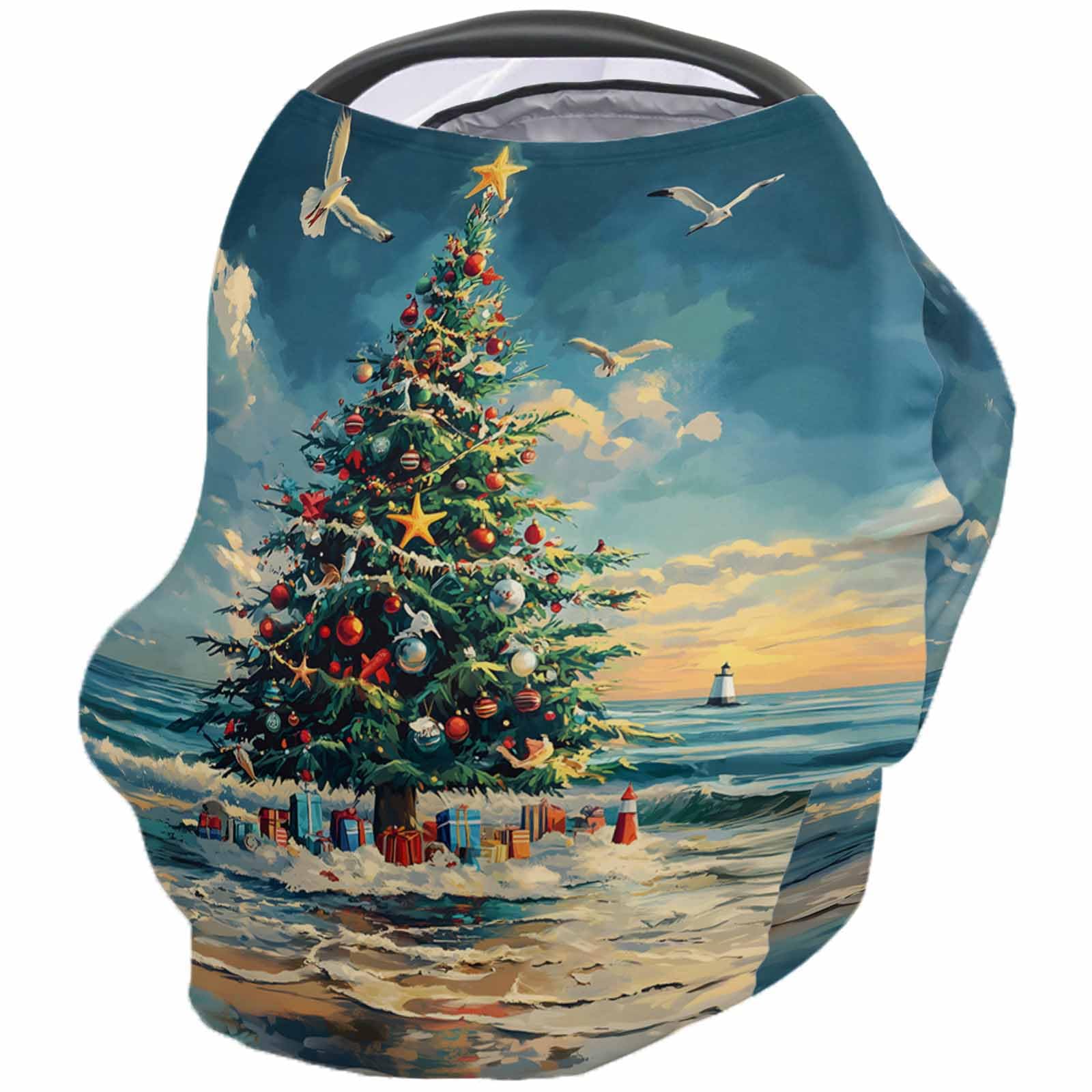 Nursing Cover for Breastfeeding Scarf, Birds Seaside Christmas Tree Oil Painting Baby Car Covers Super Soft Multi Use for Canopy Shopping Cart Cover Blanket Stroller Cover