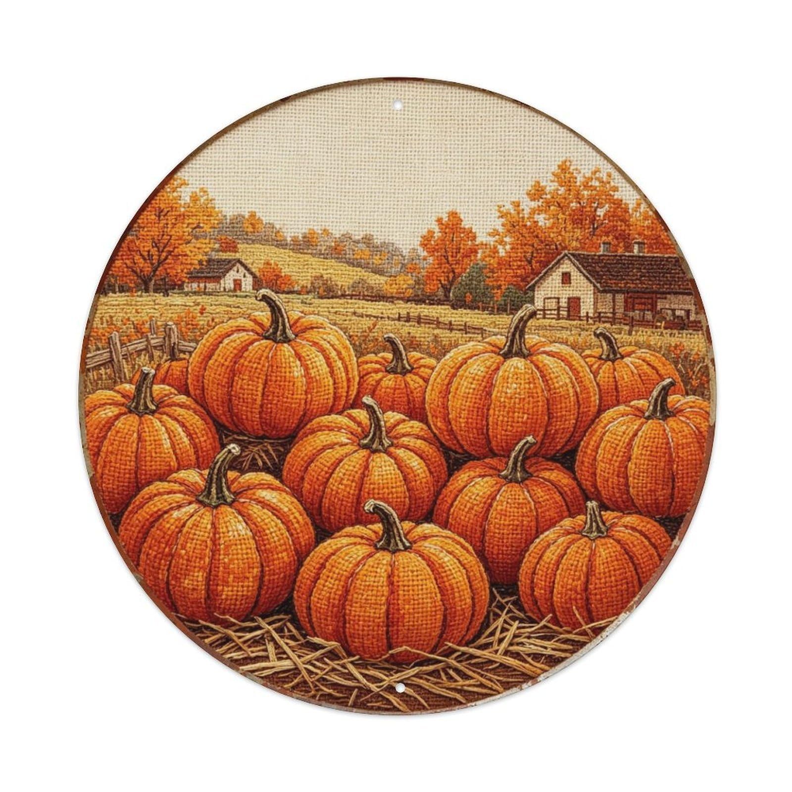 Fall Autumn Pumpkin Embroidery Metal Tin Sign Plaque