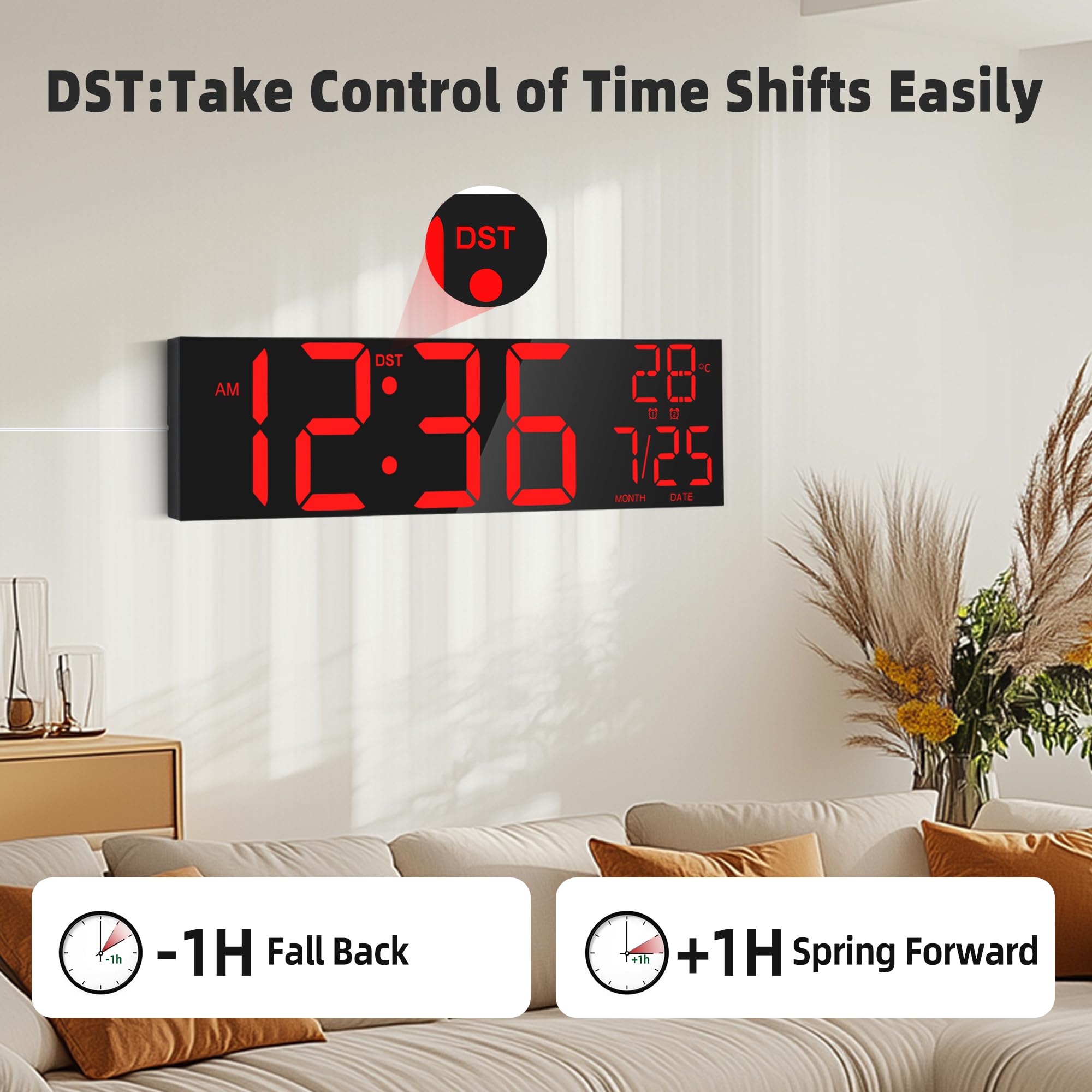 MAXSTAR 30 "Reloj de pared digital extra grande con pantalla LED roja/azul/blanca y control remoto, alarmas duales,temporizador,DST,temperatura, luz nocturna para sala de estar/oficina/tienda/gimnasio